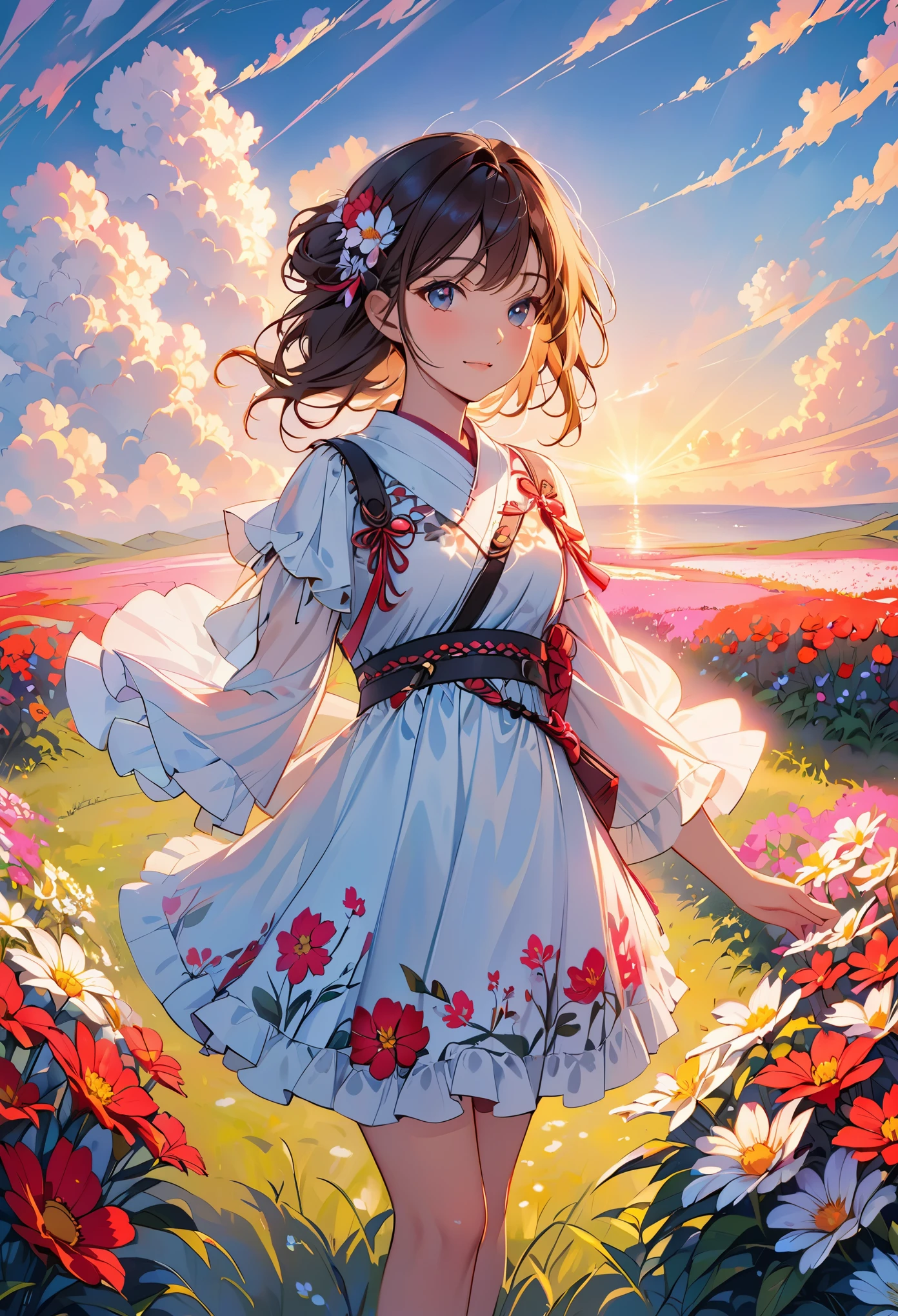 girl standing in field of neon flowers,detailed face, mid short,clouds,sunrise