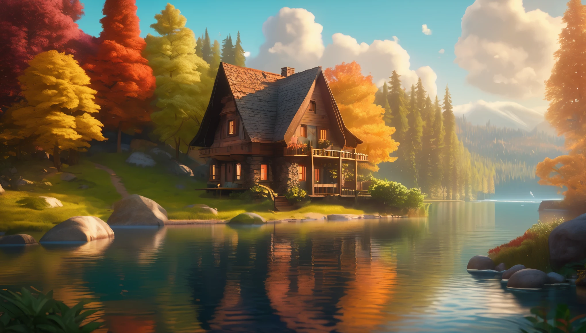 little house floating on the lake in the forest, a cute  with short curly brown hair floats in the air. Inside the house, the weather is beautiful. Greg Rutkowski, Darek Zabrocki, Sylvain Sarrailh, Dan Mumford, Thomas Kinkade, ambient lighting, ultra detailed, fantasy artwork, 8k, trending on artstation, beautiful landscape, highly detailed, intricate