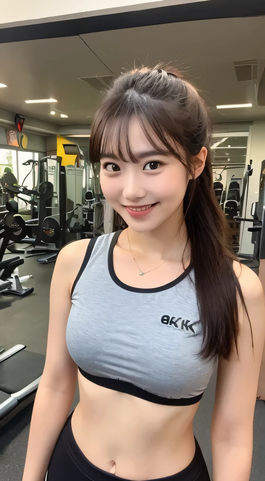 ((highest quality, 8k, masterpiece: 1.3)), Upper body (1.3), moderately (3), outstanding style, kind face, parallel eyebrows, smile, natural makeup, Clothes with accents, Fresh, under the sun、healthy eating at the gym,