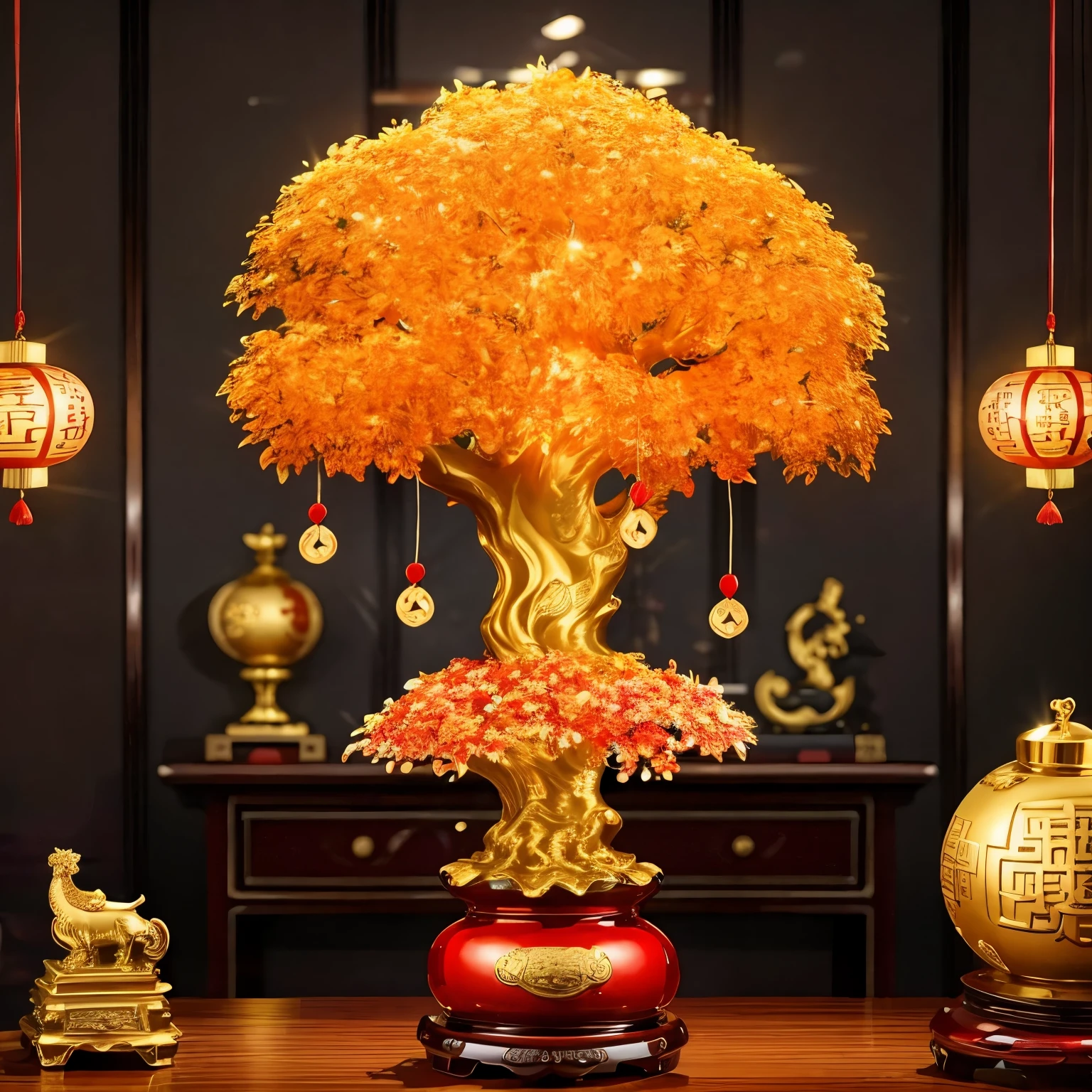 (masterpiece, best quality:1.2), money tree，，In a room decorated with Chinese New Year，Red Lantern（ （（充满奇幻元素的masterpiece））） （（best quality））， （（intricate details））（8k）