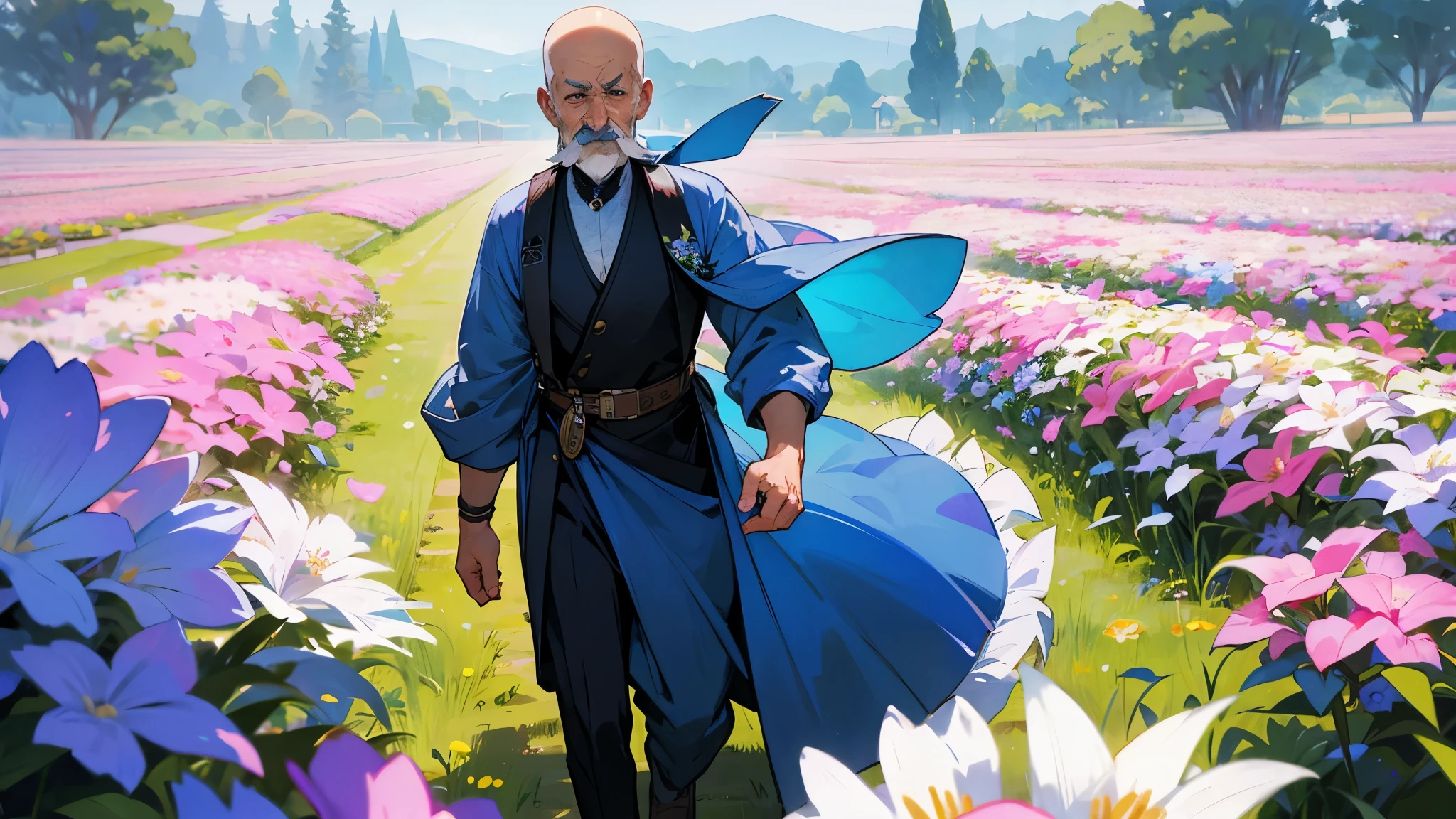 Walking into a flower field The hero is a male with blue and white hair, 80 years old, old face, bald head, mustache.