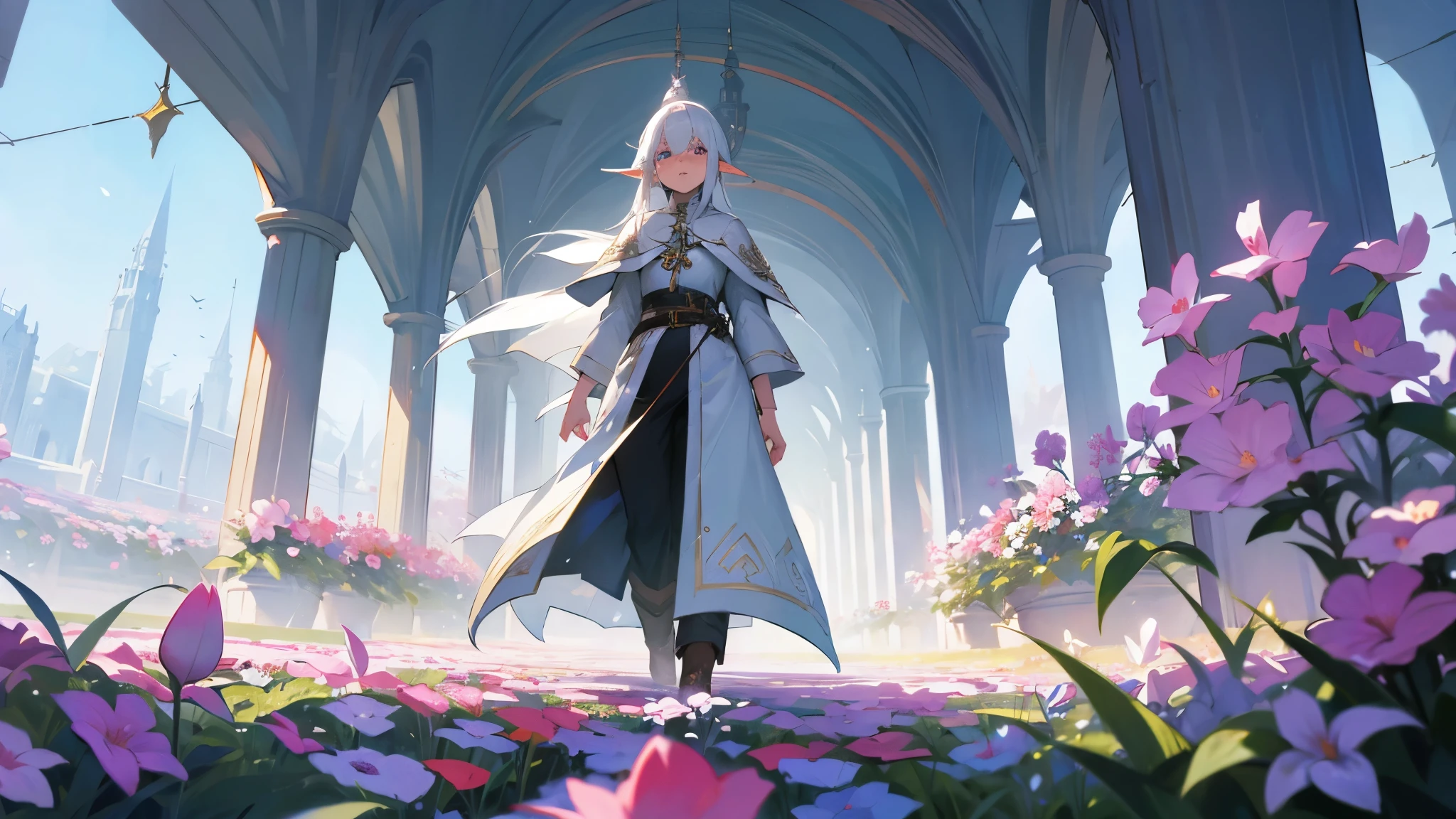 Walking into a flower field White haired elf mage