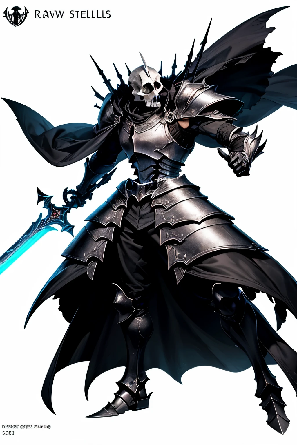 (A full-body image of a skull knight facing forward. His armor looks like that of a Medieval knight, and his eyes are filled with fighting spirit. In his hand, he grips a great sword, and his figure is valiant like a fighter.:1.4) BREAK, (His face is all skull, glowing eyes, glowing, His body is built of bone and ((black steel)) armor, black tabard, holding a great sword, A majestic great sword:1.4), anatomically correct, perfect fingers, nice hands, perfect hands, perfect anatomy, BREAK, (((green eyes))), BREAK, (WHITE background:1.3), (Design sheet:1.3), BREAK, (16k, UHD, raw photo, photo realistic:1.3), (high resolution, absolutely resolution:1.2, absurdreas, masterpiece (highly detailed, extreme detailed, fine detail:1.2), (Note that straight objects should be generated in straight lines.:1.3), professional photography, full colors, professionally color graded,