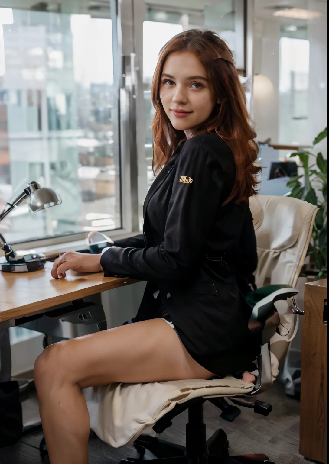 High quality 8k super realistic high detail, ((Irish 25 years old, red hair) clear face bright eyes smile ((sexy elegant office suit)) leaning with his hands on the desk leaning on his knee in a chair raised buttocks raised hip, sexy pose, shot from behind, office, armchair, books, lamp, window with view of the blue sky. High quality image, Nikon D850 Stock Photography 4 Kodak Portra 400 F1 cameras