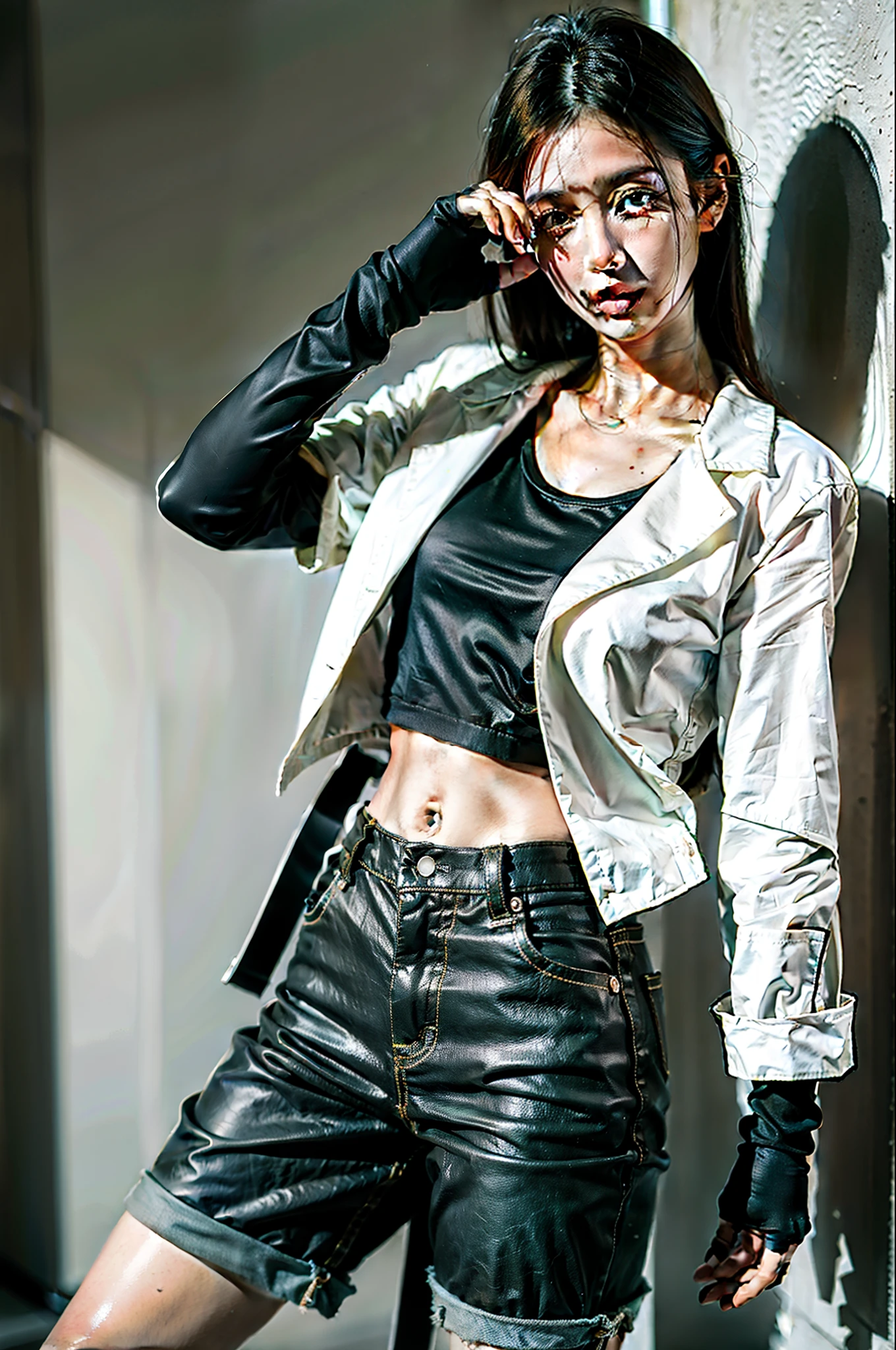 1 chica blanca, pelo rosa oscuro largo, camisa sin mangas negra, chaqueta verde, guantes sin dedos negros, pantalones blancos, ojos verde oscuro, largas botas azules, Fondo blanco,