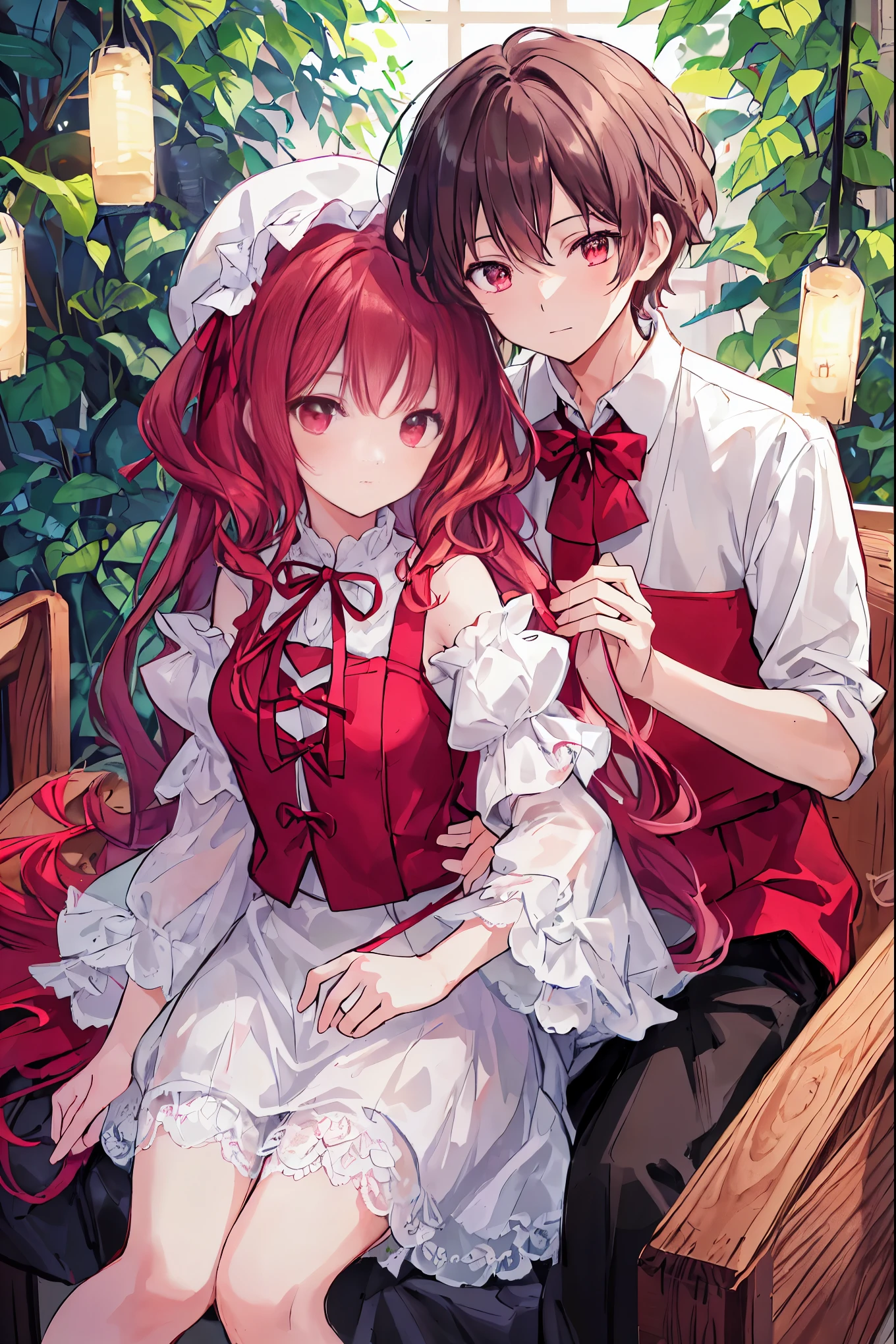highest quality master piece man and woman couple girl looking straight at the camera,Wear a tight skirt and white puff sleeve shirt。boy hugs girl from behind。boy in red shirt,white curly hair girl。no glasses、intimacy、look from bottom to top、girl sitting,girls white puff sleeves,lace sleeves,The light source is in the bottom left corner,Candle light source in the lower left corner