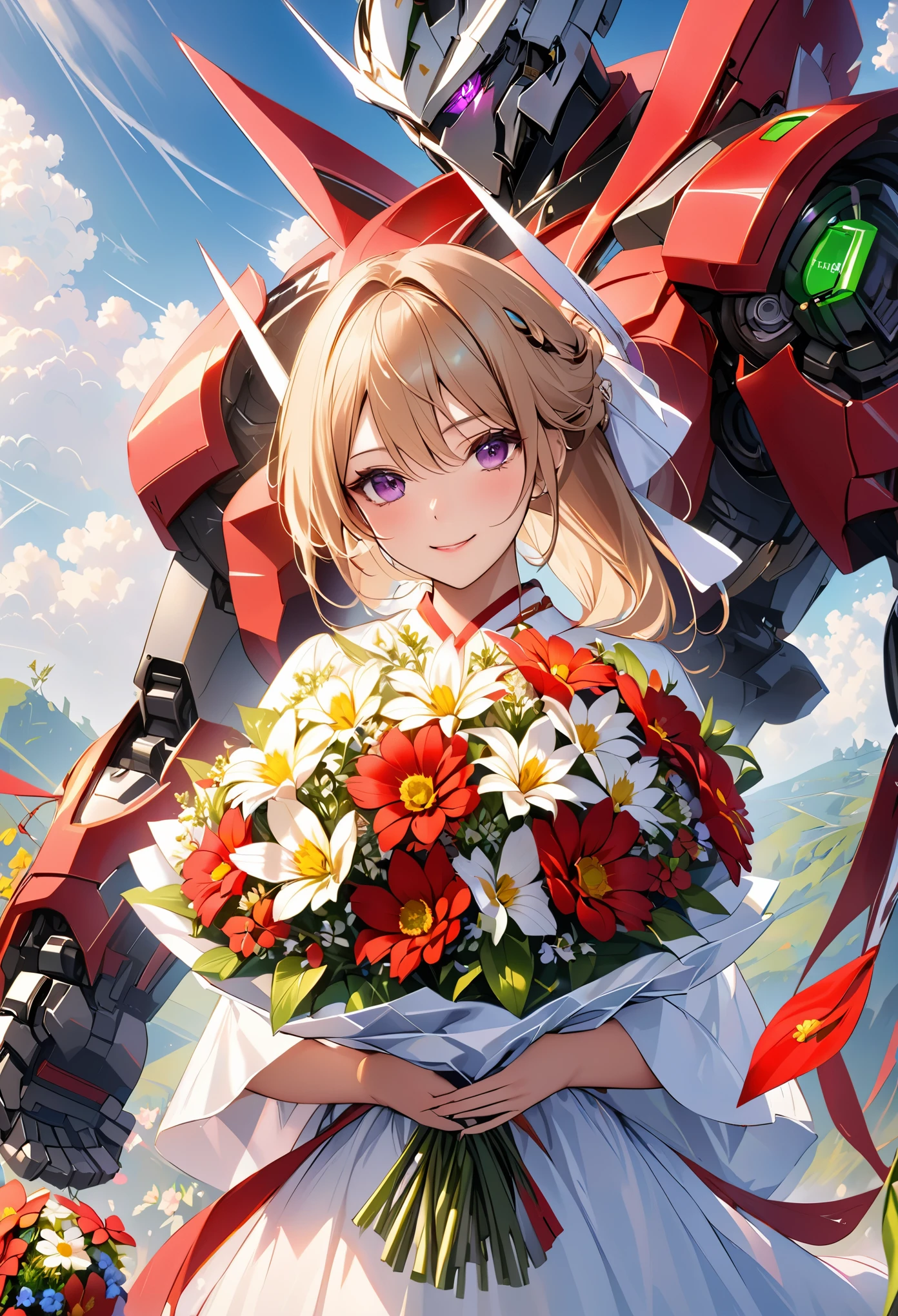 hyper quality、8K quality、High resolution、Image quality taken with a single-lens reflex camera、perfect anatomy、purple eyes、with an evil smile、mecha girl、villain、blonde、combined robot、beautiful girl、Mechanical parts with a three-dimensional feel、BREAK、(Holding a bouquet filled with colorful flowers such as red and green:1.5)