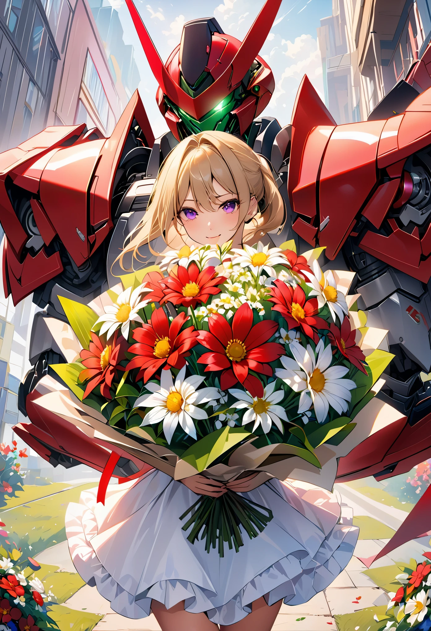hyper quality、8K quality、High resolution、Image quality taken with a single-lens reflex camera、perfect anatomy、purple eyes、with an evil smile、mecha girl、villain、blonde、combined robot、beautiful girl、Mechanical parts with a three-dimensional feel、BREAK、(Holding a bouquet filled with colorful flowers such as red and green:1.5)
