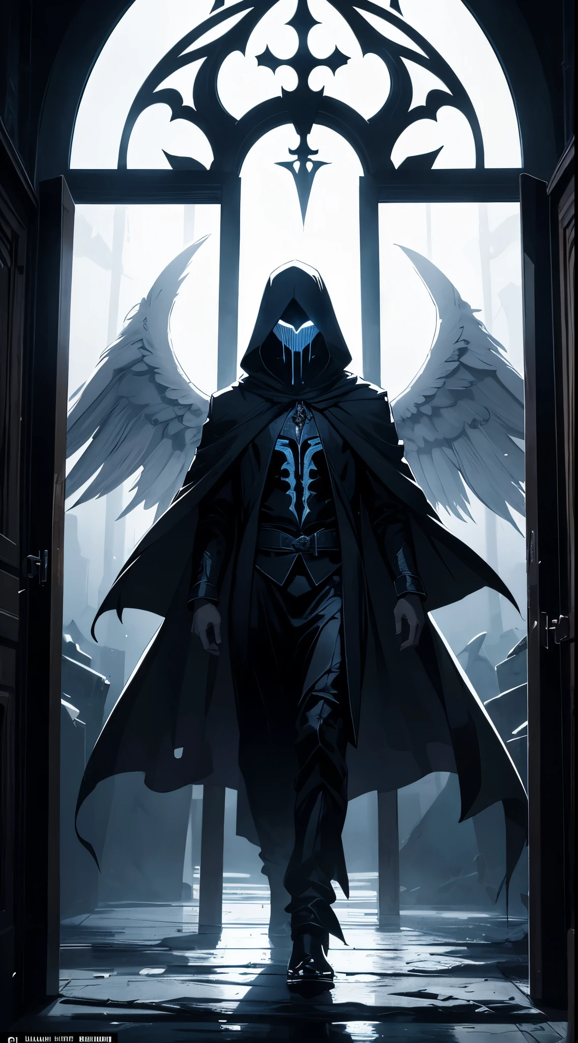 Striking illustration of the Angel of Death., A mysterious and ethereal figure who guards the threshold between life and death.. His presence is enigmatic and powerful...., con alas inmensas que se extienden hacia el horizonte y una mirada penetrante que transmite serenidad y temor. He uses cool tones and deep shadows to emphasize his ethereal nature and his connection to the realm of death......(dark lighting), ( ethereal lighting),(Spectral illumination)