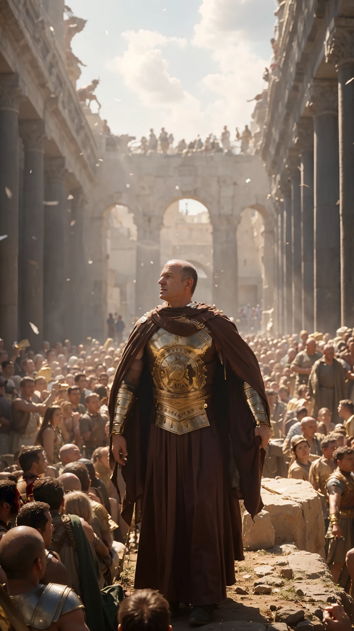 Vespasian standing in front of a crowd of people, caesar victorious, film still from god of war, in screenshot from the 300 movie, roman emperor, biblical epic movie, 8 k movie still, maximus jacobs, caesar, inspired by Caesar van Everdingen, julius caesar, dressed in roman clothes, still from a ridley scott movie