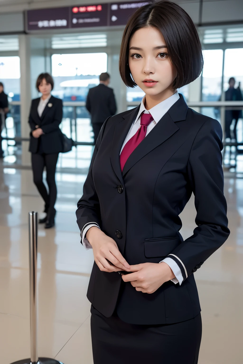 highest quality, masterpiece, 8k, ultra high resolution, (realistic: 1.4), 1 girl, beautiful face, symmetrical eyes, big, perfect body proportions, stewardess uniform, (short bob hair:1.3), the gaze of the beholder,(Inside the airport: 1.2), Front view, Absolute area (1.3),