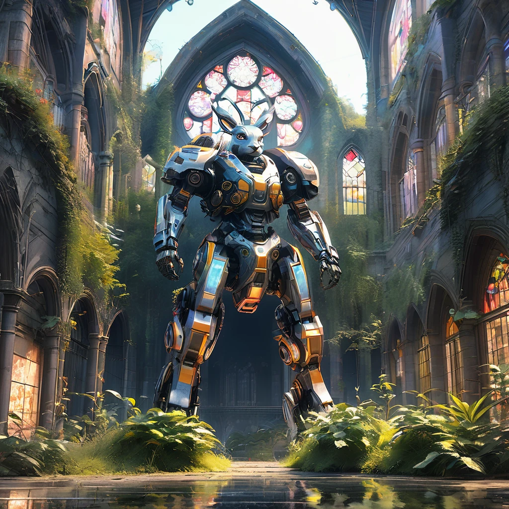Abandoned Mech, aesthetic, extremely detailed, eye catching, drab, abandoned cathedral ruin, broken stained glass on the floor. Overgrown, city ruins, deer in the courtyard, a breathtaking artwork by Jean Baptiste Monge, Andree Wallin, Thomas Kincade, Geoffroy Thoorens, Krenz Cushart, Epic scale, highly detailed, clear environment, triadic colors cinematic light 16k resolution, Giant mecha robot rabbit abandoned!! :: concept art, 16k resolution digital art by Klaus Wittmann, Alejandro Burdisio, Ismail Inceoglu, Jeremy Mann, Ilya Kuvshinov, highly detailed, hyperrealistic, volumetric lighting, Muted colors, striking, beautifully lit, smooth sharp focus, trending on Artstation