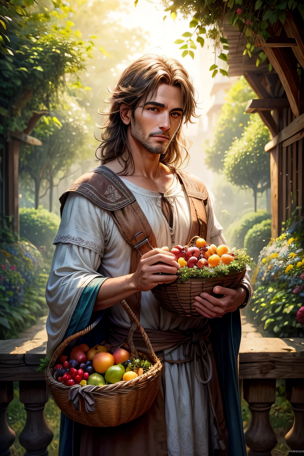 Um homem religioso de 25 anos, wearing a rustic, wearing tunic, with a rustic basket of fruit in gratitude. O sol brilha sobre ele, iluminando seu rosto, He is in a garden