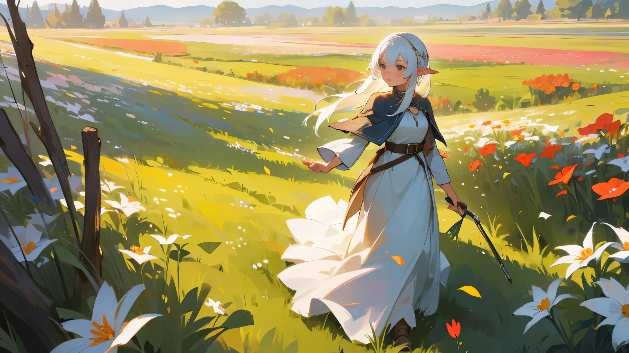 Walking into a field of flowers, a field of flowers, a young female elf mage with white hair
