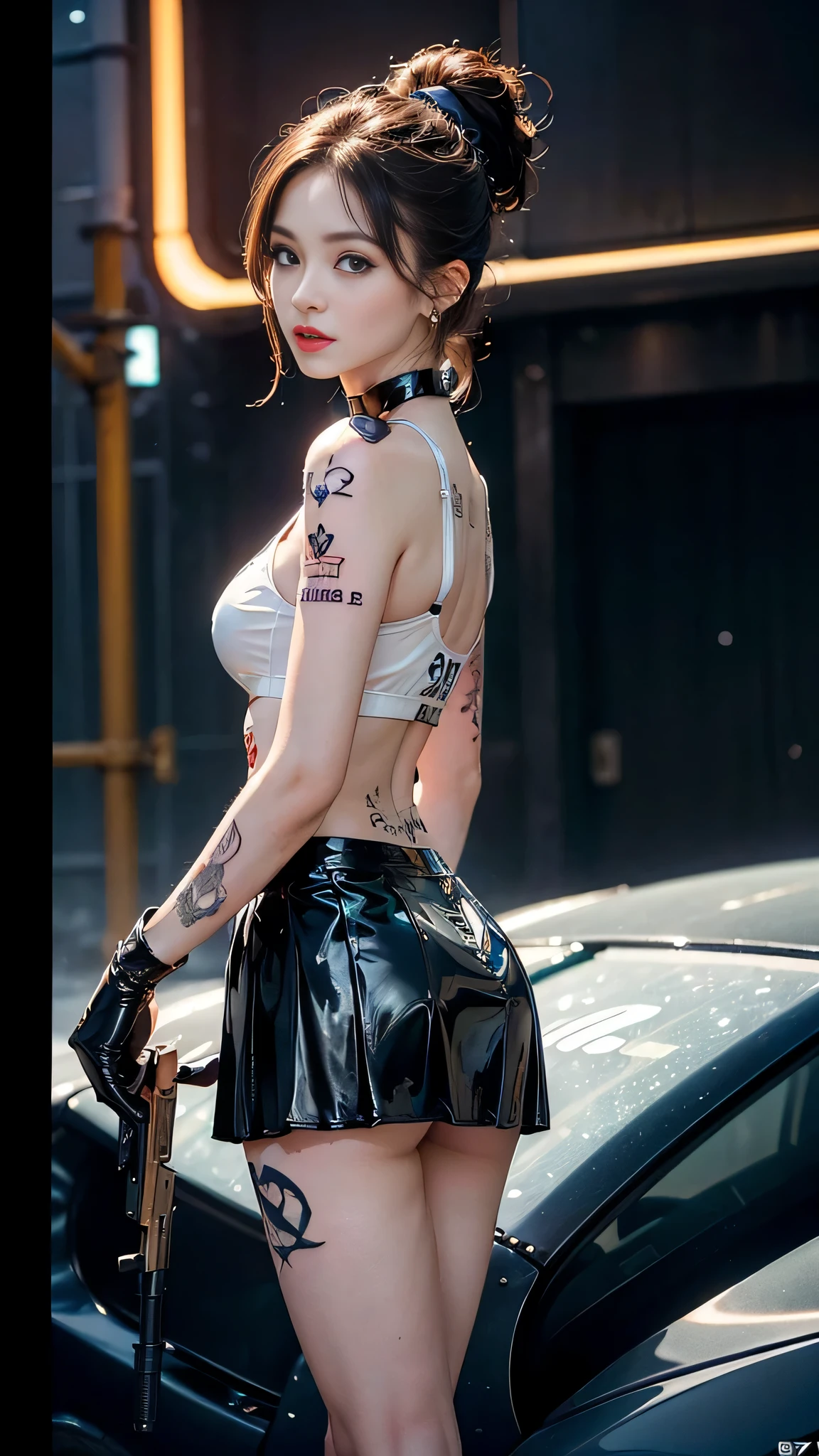 ((masterpiece:1.4)、(highest quality:1.4)、(realistic:1.7))、masterpiece:1.4、(Finest rendering:1.4)、(Female SWAT Officer of the Space Federation 73rd Division。:1.4)、super beautiful捜査官、(Written by Luis Royo:1.4)、(hold a gun:1.2)、body fit sexy uniform、(luxury shiny latex:1.4)、(navy blue sleeveless uniform jacket)、(Underwear White Sexy Super Ultra Bikini)、(luxury red latex:1.4)、(red pleated mini skirt:1.4)、22 years ago、(cute tattoo:1.4)、(wearing white gloves)、pretty girl、super beautiful、sharp focus、portrait photography:1.4、8k、realistic photo images:1.4、(perfect female body:1.4)、perfect proportions、(Upper body shot:1.4)、beautiful face、A fearless expression、beautiful eyes、tight waist、(9 life-size style beautiful girl)、(Beautiful girl with long legs and good style:1.4)、beautiful feet、(long hair:1.2)、beautiful breasts、big breasts:1.2、sexy ass、(standing facing forward:1.4)、RAW photo、red lips、red high heels:1.4、choker:1.4、necklace:1.4、earrings:1.4、1 screen display、Beautiful night view of cyberpunk city:1.2