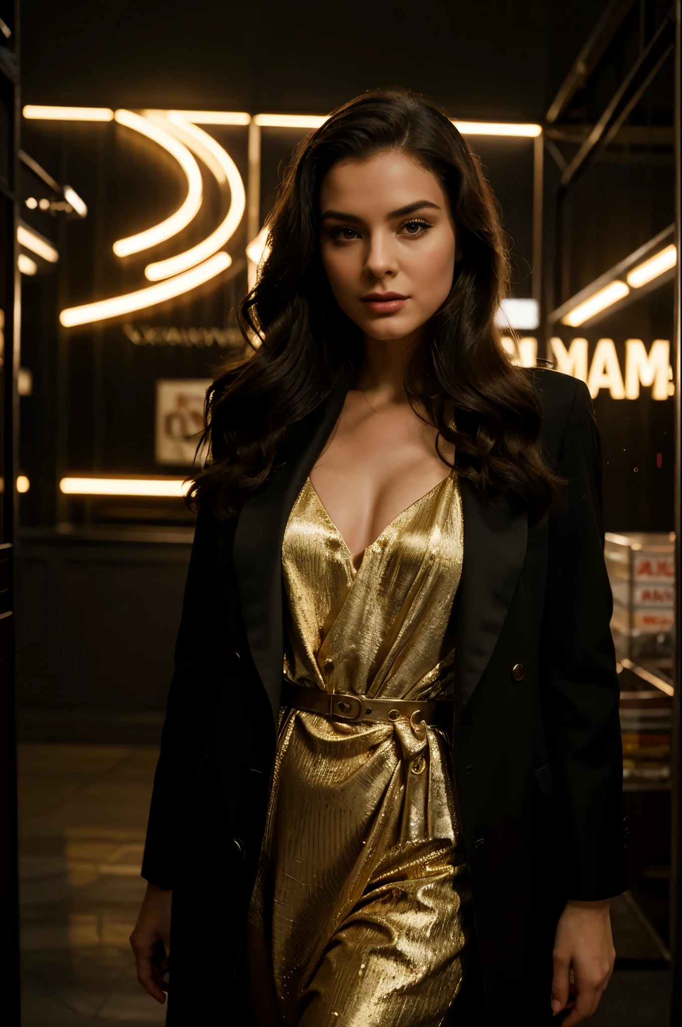 Shoot the influencer in a hyper-realistic image inspired by classic Hollywood glamour, with dramatic lighting and dynamic composition. Utilize cinematic framing techniques to capture her iconic silhouette against a backdrop of city lights or vintage movie posters. she has long hair. she wears a black three-pin suit. this high-quality photograph exudes timeless elegance and cinematic allure, transporting viewers to a golden age of glamour and sophistication