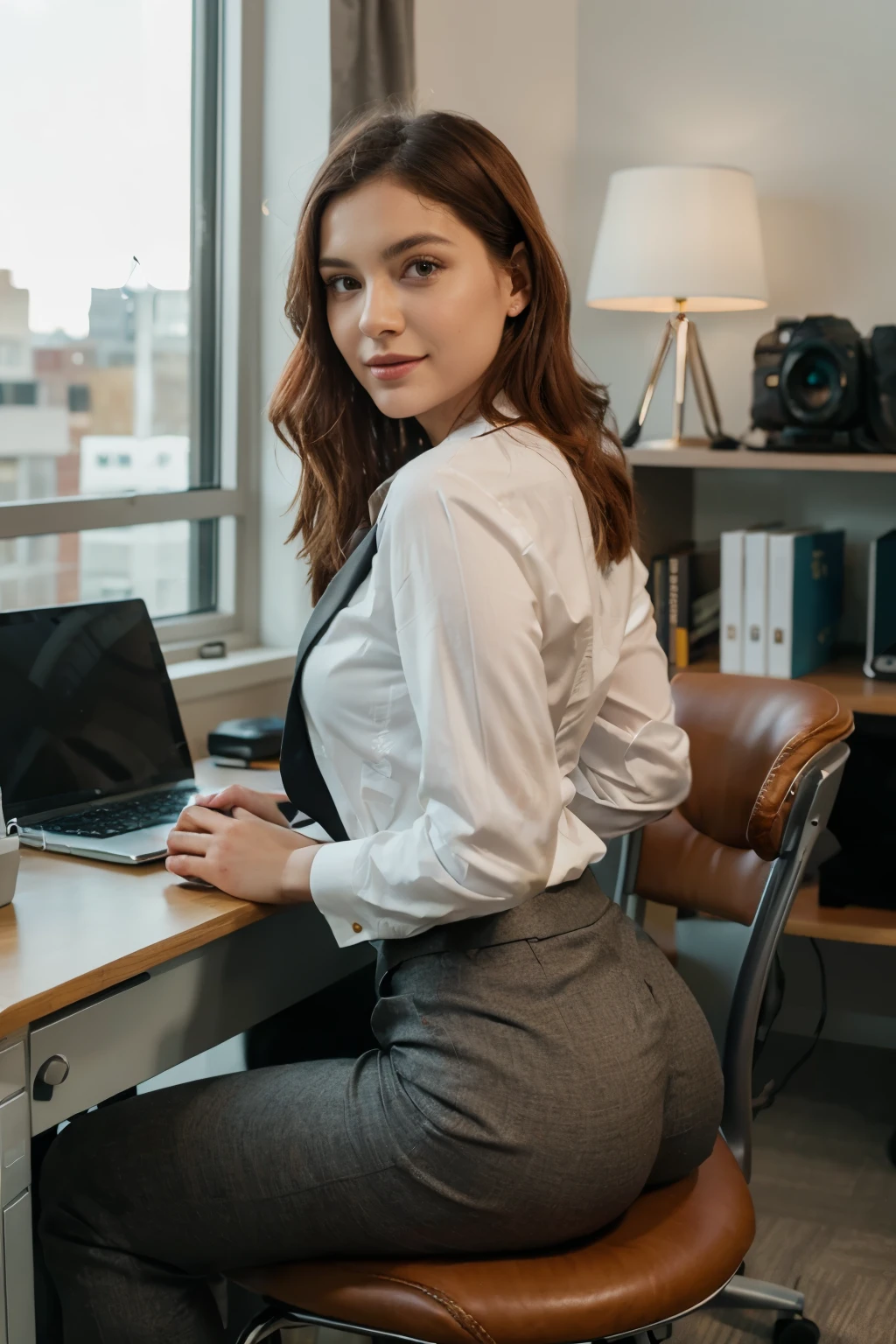 High quality 8k super realistic high detail, ((Irish 25 years old, red hair) clear face bright eyes smile ((sexy elegant office suit)) leaning with his hands on the desk leaning on his knee in a chair raised buttocks raised hip, sexy pose, shot from behind, office, armchair, books, lamp, window with view of the blue sky. High quality image, Nikon D850 Stock Photography 4 Kodak Portra 400 F1 cameras

