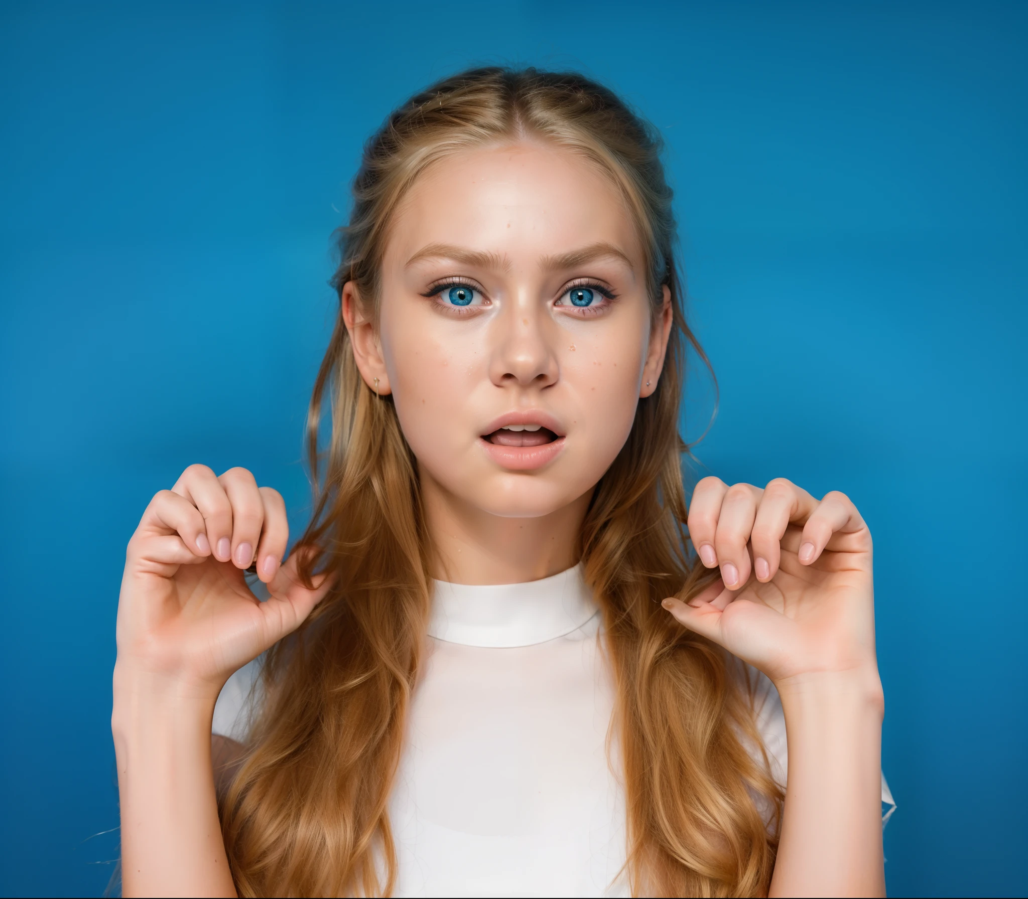  the girl is scared,  shocked expression on her face, wide eyes shocked expression, surprised expression on her face, ???, very surprised, blonde hair, light on hair, shocked look, ember, shocked expression, surprised expression on her face, shocked expression on her face, advertising photo,  smooth 3d model, multiple light sources, rim light, sharp post effects render, , perfect cgi, smooth silhouette, high intensity refraction, most beautiful vfx, blue background, realistic, 4k, high resolution, rim light detailed digital art, reflective, best quality, 4k, masterpiece:1.2, ultra-detailed, realistic, vivid colors, The image of the highest quality, ensuring every detail showcased perfectly. It in 4k resolution, allowing viewers to immerse themselves in the richness of the colors and intricate details. The realistic rendering. under the spotlight, reflecting, high-resolution image, realistic rendering