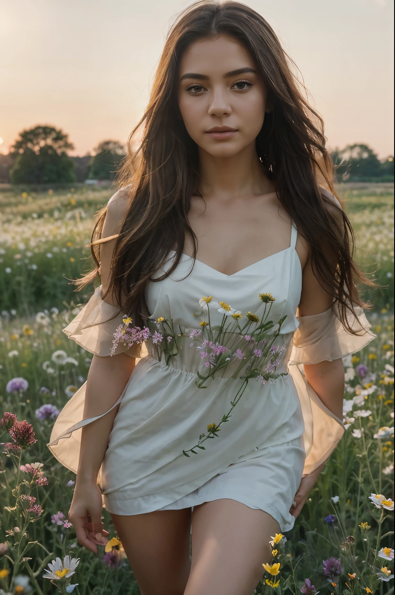 Create a hyper-realistic image of the influencer standing amidst a field of wildflowers at sunrise. The dew-kissed petals and soft morning light lend a surreal quality to the scene, enhancing the model's natural beauty and serenity. Every detail, from the delicate blooms to the gentle breeze, is captured in stunning HD-quality, evoking a sense of peace and tranquility.
