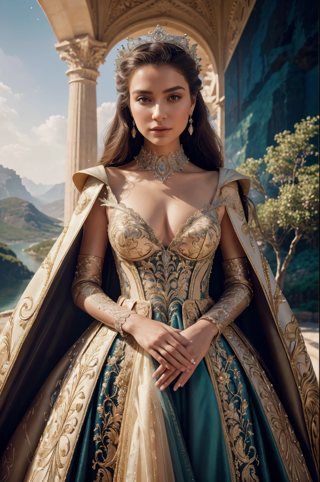 Craft a high-quality, hyper-realistic image of the influencer posing in a couture gown amid a fantastical landscape. Utilize creative angles and lighting to accentuate the intricate details of the garment, while maintaining a sharp focus on the model's captivating expression. This award-winning photograph transports viewers to a world of fashion fantasy, where elegance meets imagination.