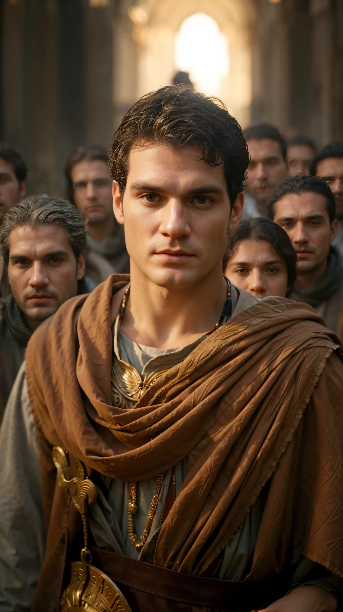 a man standing in front of a crowd of people, ancient rome man, henry cavill as a greek god, dressed in roman clothes, handsome man, roman toga, roman emperor, handsome male, henry cavill is a greek god, attractive man, greek god, inspired by Caesar van Everdingen, in screenshot from the 300 movie, maximus jacobs