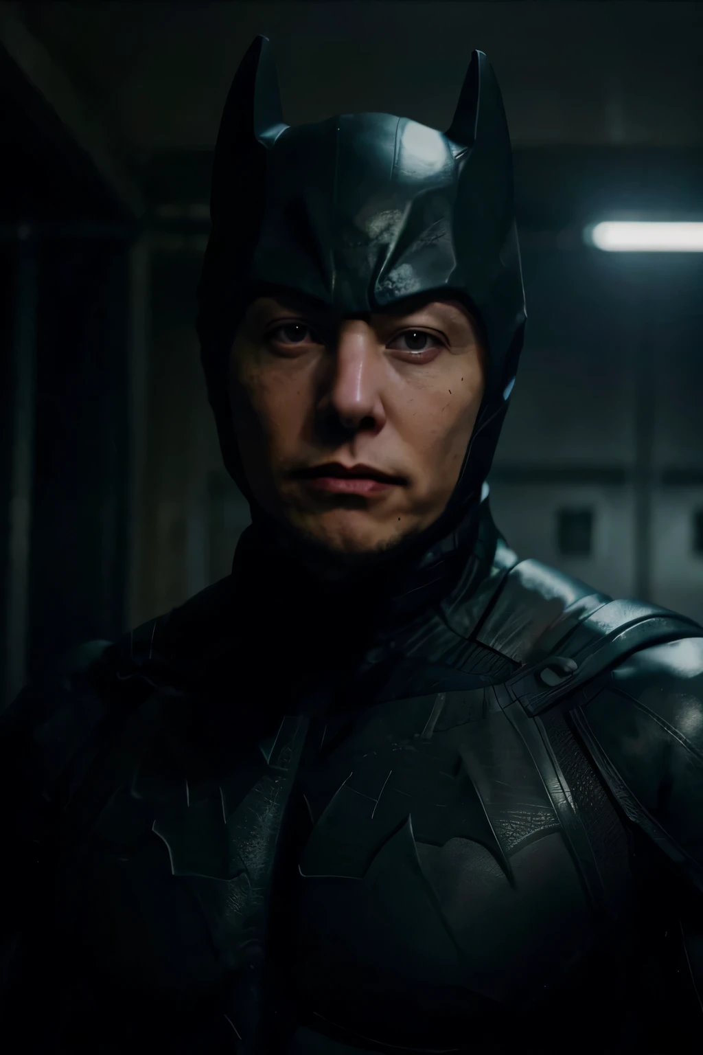 Elon Musk is dressed as batman the dark knight, in dark of Gotham Ciy, Elon Musk realistic detailed face, strong body, high definition image, Elon Musk detailed face is looking fiercely at the viewer