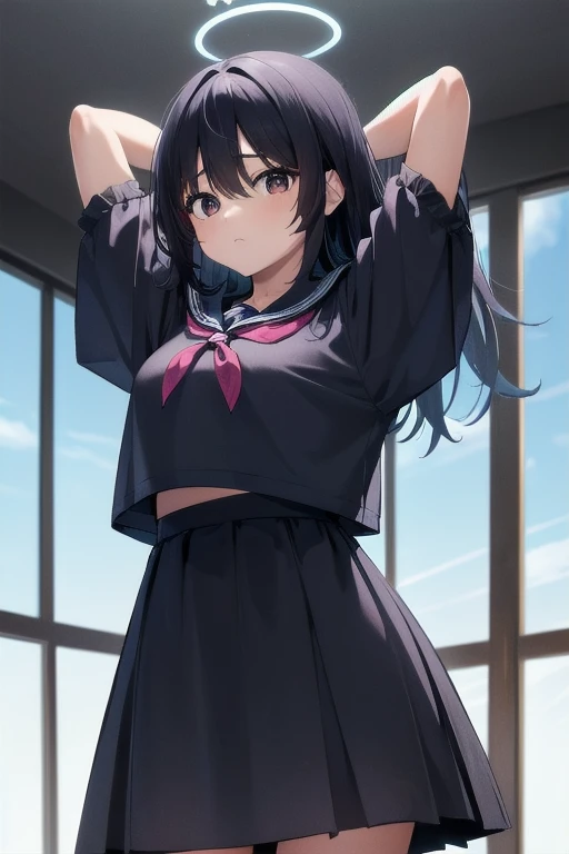 1 chica, (pechos grandes:1.3) , fondo sencillo, sobresalir , arms behind head, , tsurugi (archivo azul) , serafuku negro , halo, ropa imposible, pelo negro , cabello muy largo , inexpresivo, rubor,