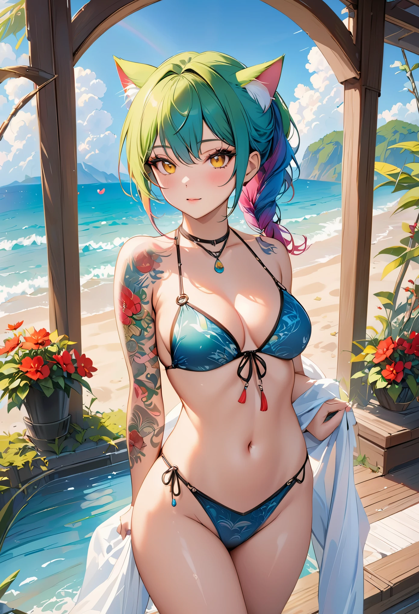 The most beautiful and sexy girl, rainbow hair, yellow eyes,nude,swimsuit,open chest, Lots of tattoos and piercings, Very detailed background, perfect masterpiece, high quality, high resolution, nipple,Cat