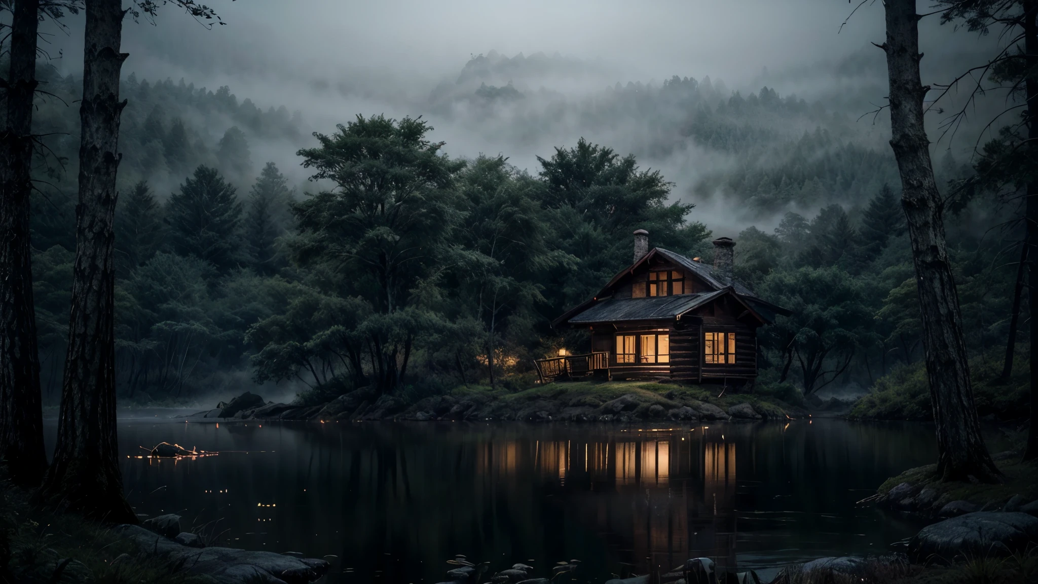 Create a tranquil lakeside cabin scene in a dense misty forest. The mood should be one of mystery and calm, with the cabin's lights softly glowing through the mist