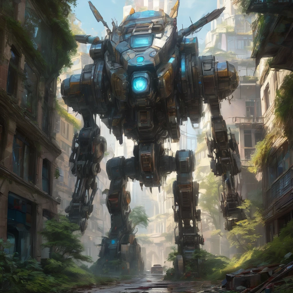 Abandoned Mech, aesthetic, extremely detailed, eye catching, drab, abandoned cathedral ruin, broken stained glass on the floor. Overgrown, city ruins, deer in the courtyard, a breathtaking artwork by Jean Baptiste Monge, Andree Wallin, Thomas Kincade, Geoffroy Thoorens, Krenz Cushart, Epic scale, highly detailed, clear environment, triadic colors cinematic light 16k resolution, Giant mecha robot rabbit abandoned!! :: concept art, 16k resolution digital art by Klaus Wittmann, Alejandro Burdisio, Ismail Inceoglu, Jeremy Mann, Ilya Kuvshinov, highly detailed, hyperrealistic, volumetric lighting, Muted colors, striking, beautifully lit, smooth sharp focus, trending on Artstation