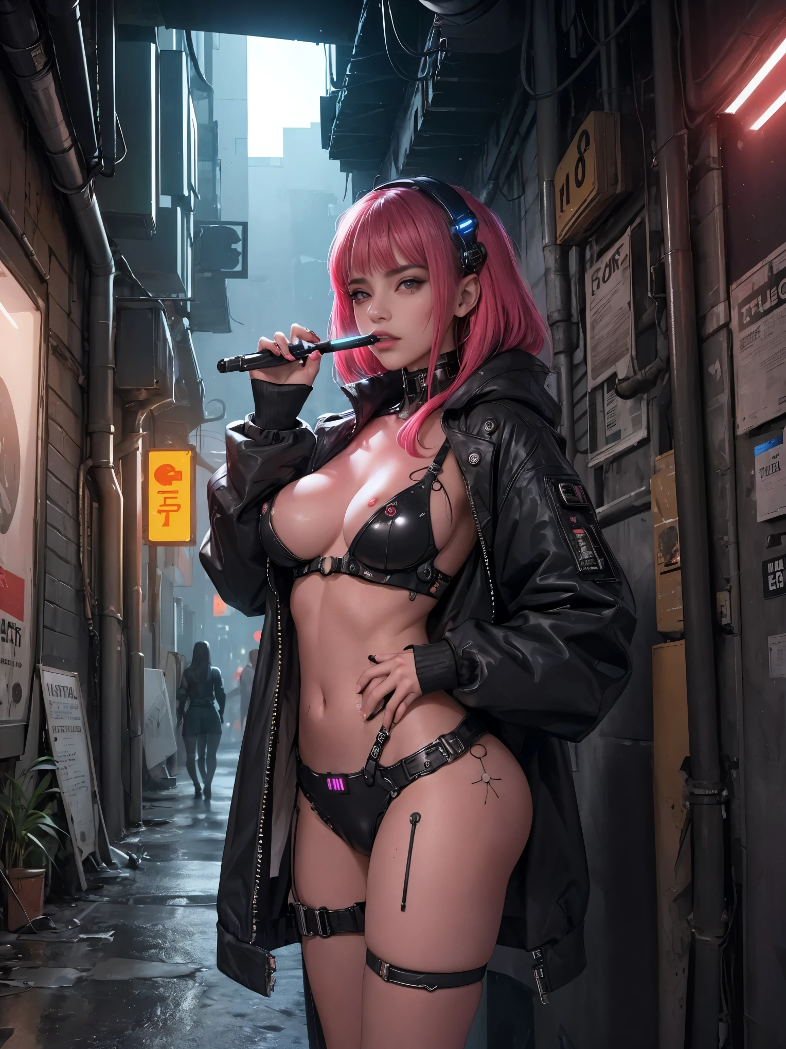 (Mejor calidad, Obra maestra:1.2), ciberpunk, vulgar, nasty cyborg woman in repair, ojo llameante, robots, love doll, rostro, Sex Shop, neon lights, dystopian cityscape, Dark alley, Fumar, Pintada, modificaciones corporales,nsfw,