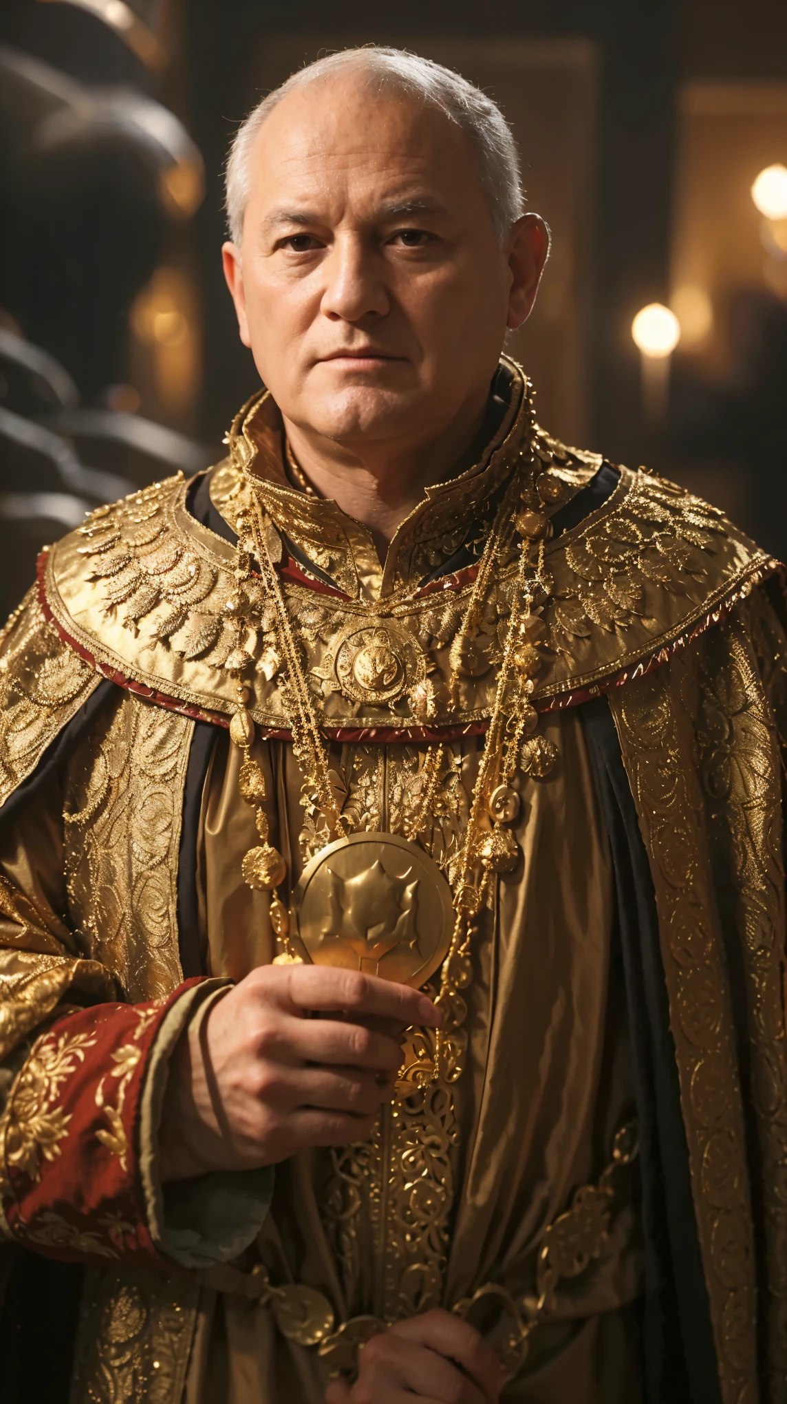 Vespasian in a costume, wearing gilded robes, dressed as emperor, wearing gilded red royal robes, in dark robes with gold accents, medieval old king, richard iv the roman king photo, wearing gilded red robes, portrait of a medieval old king, wearing long royal robe, wearing a luxurious royal cloak, wearing many medallions, wearing a royal robe