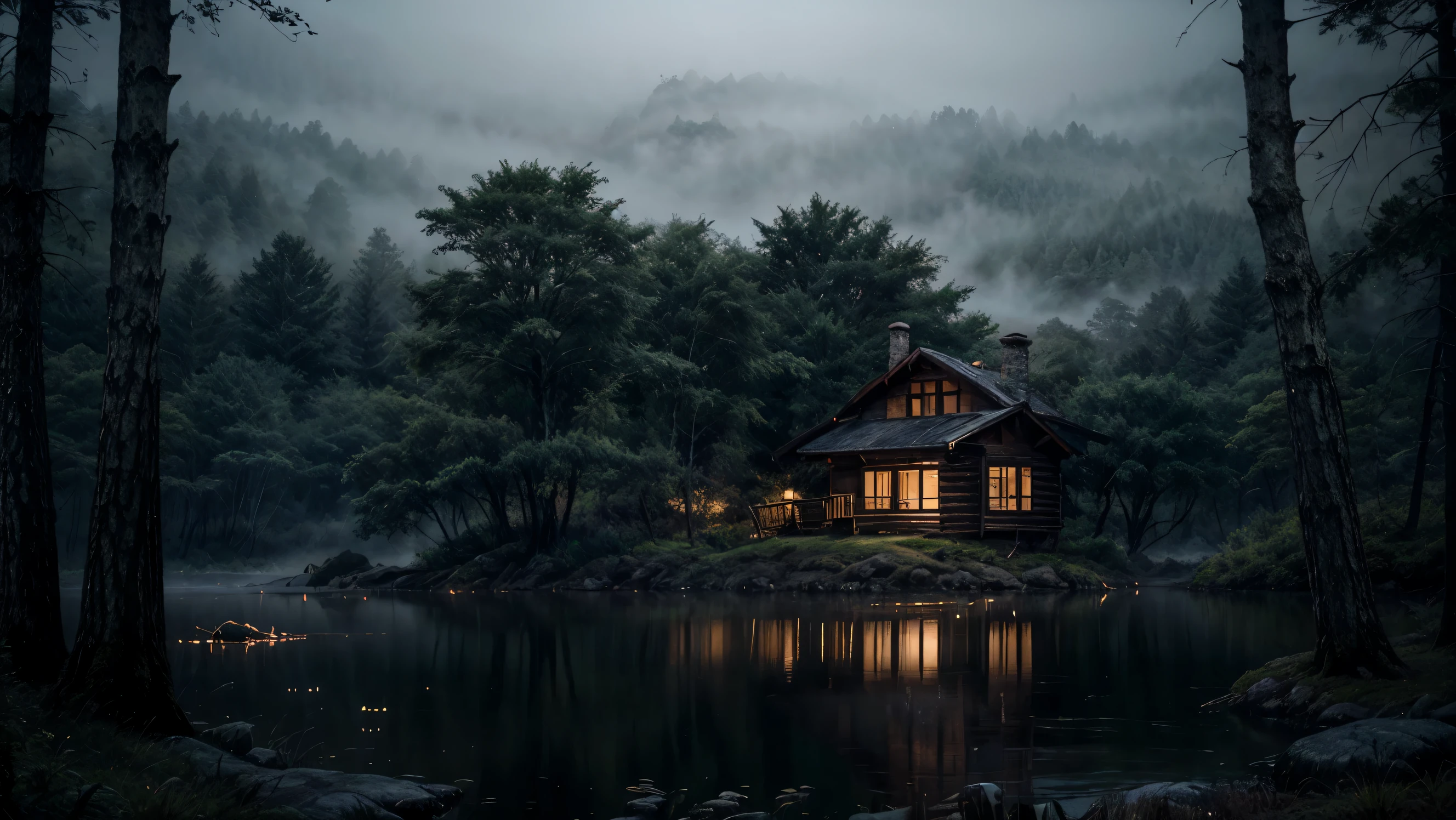 Create a tranquil lakeside cabin scene in a dense misty forest. The mood should be one of mystery and calm, with the cabin's lights softly glowing through the mist