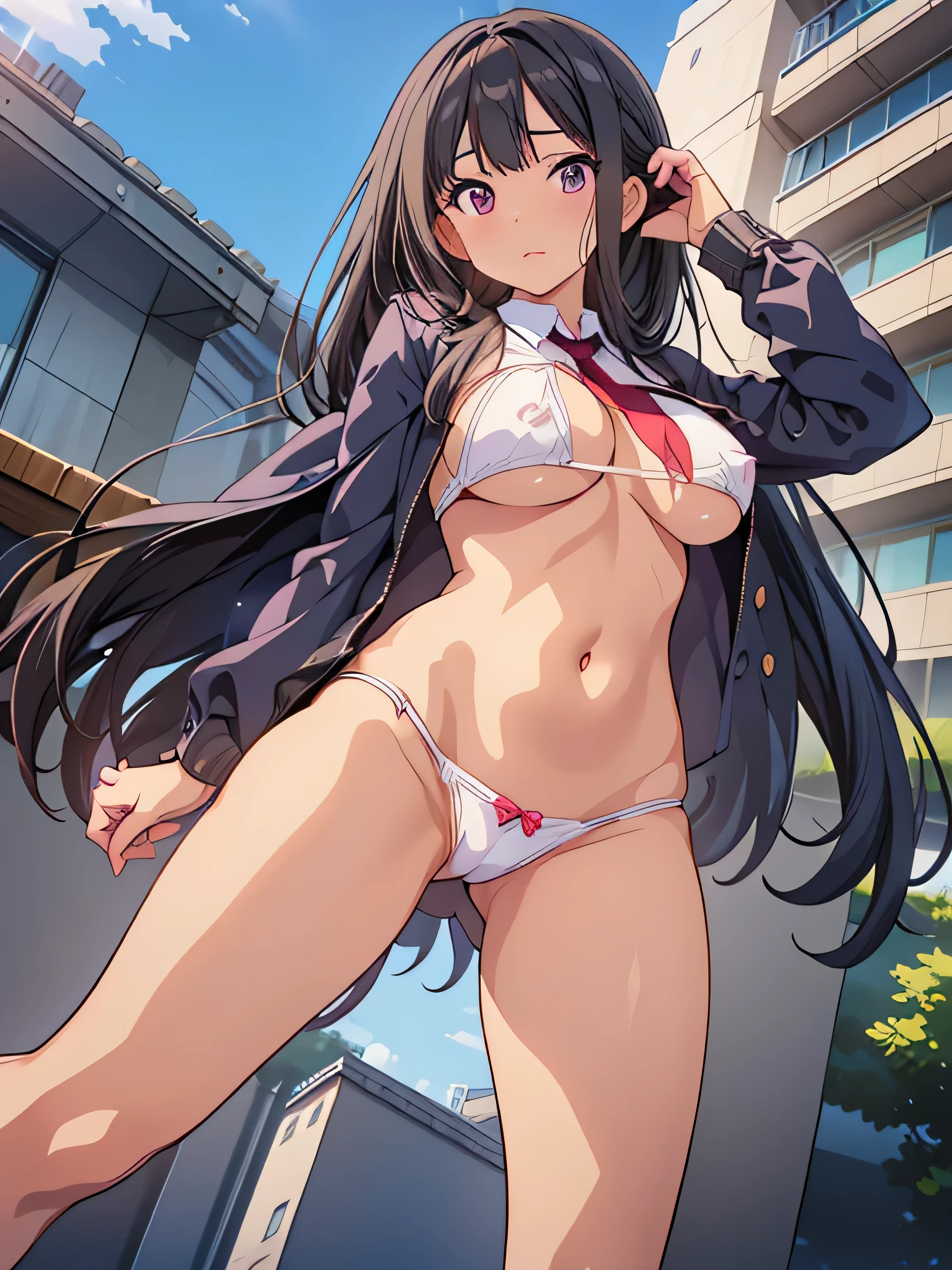 highest quality, 8k, girl, best image quality, anime, comics, alone, black hair, long hair, looking at the viewer, Highly detailed art buds, official artwork, 詳細なanime原画, きれいな詳細なanimeアート, NSFW, young face, cute face, big breasts, slender body shape, Highly detailed face and skin texture, double eyelid, Whitening skin, Body Gloss, sexy, pink cheeks, (from below:2, full body shot, Hold the pistol, panty shot, cute underwear, outdoor lined with buildings