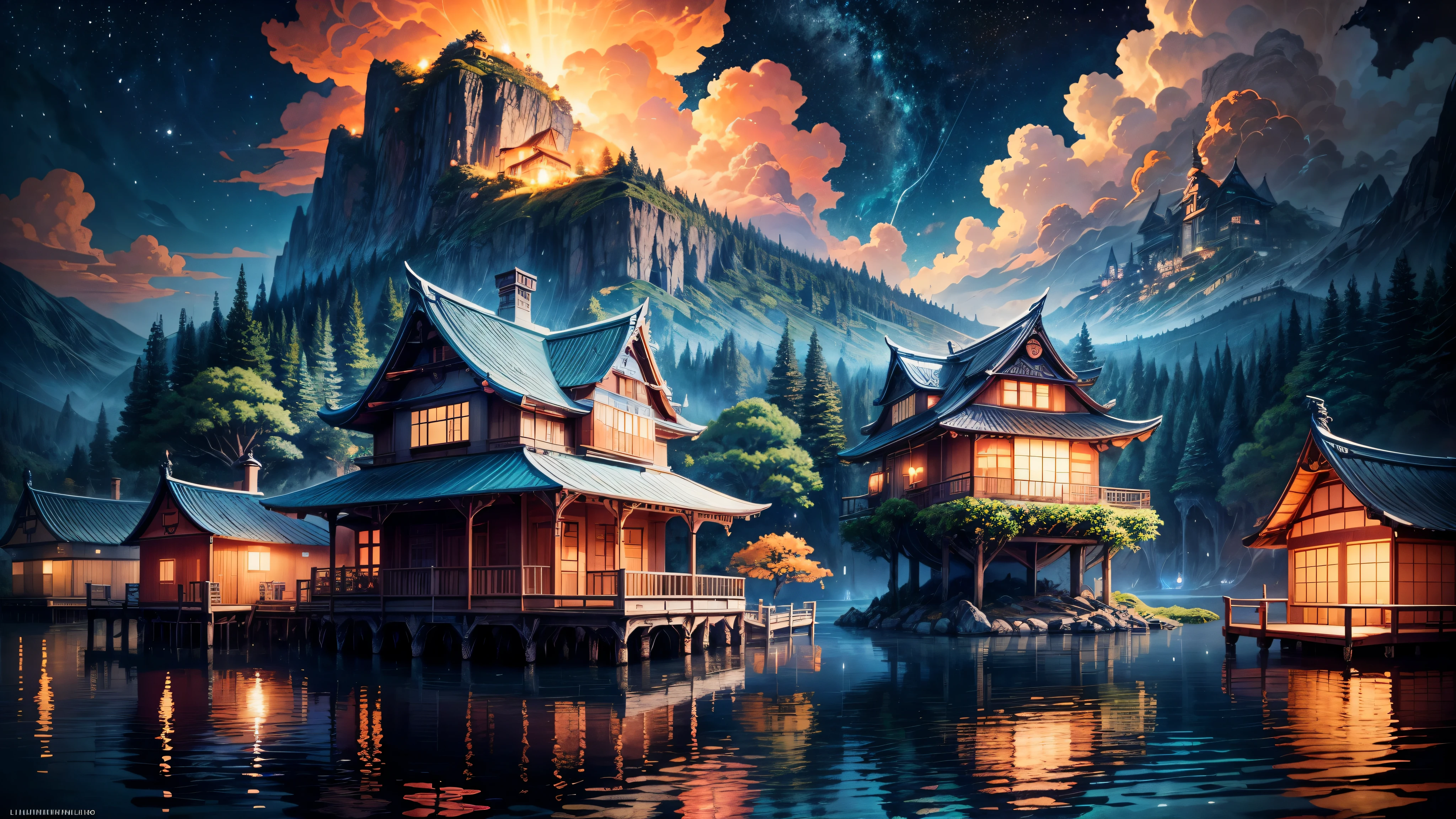 Cabana, floating on the lake at night, illuminated by glowing blue sky, gibi, azure and orange colors, perfect clouds, from studio Ghibli Painting, top quality, Masterpiece, Traditional Japanese Colors, conceptual art, Masterpiece:1.4, extremely detailed, perfect quality, 8K, A high resolution