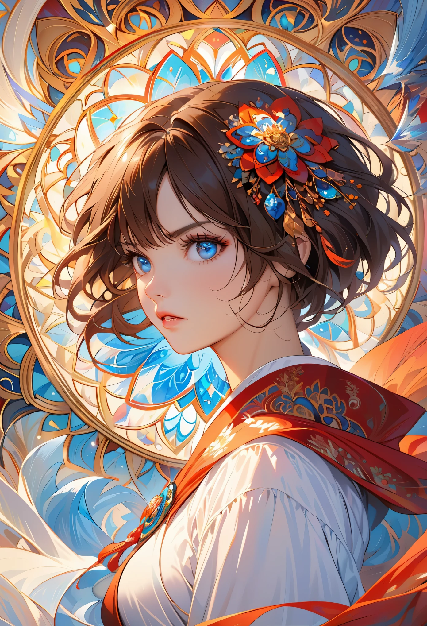 1 woman,(short brown hair:1.1),blue eyes,writer,(zendispute, mandala, dispute, endispute:0.6),(Fractal art),Chaos in its most beautiful form,Mucha style