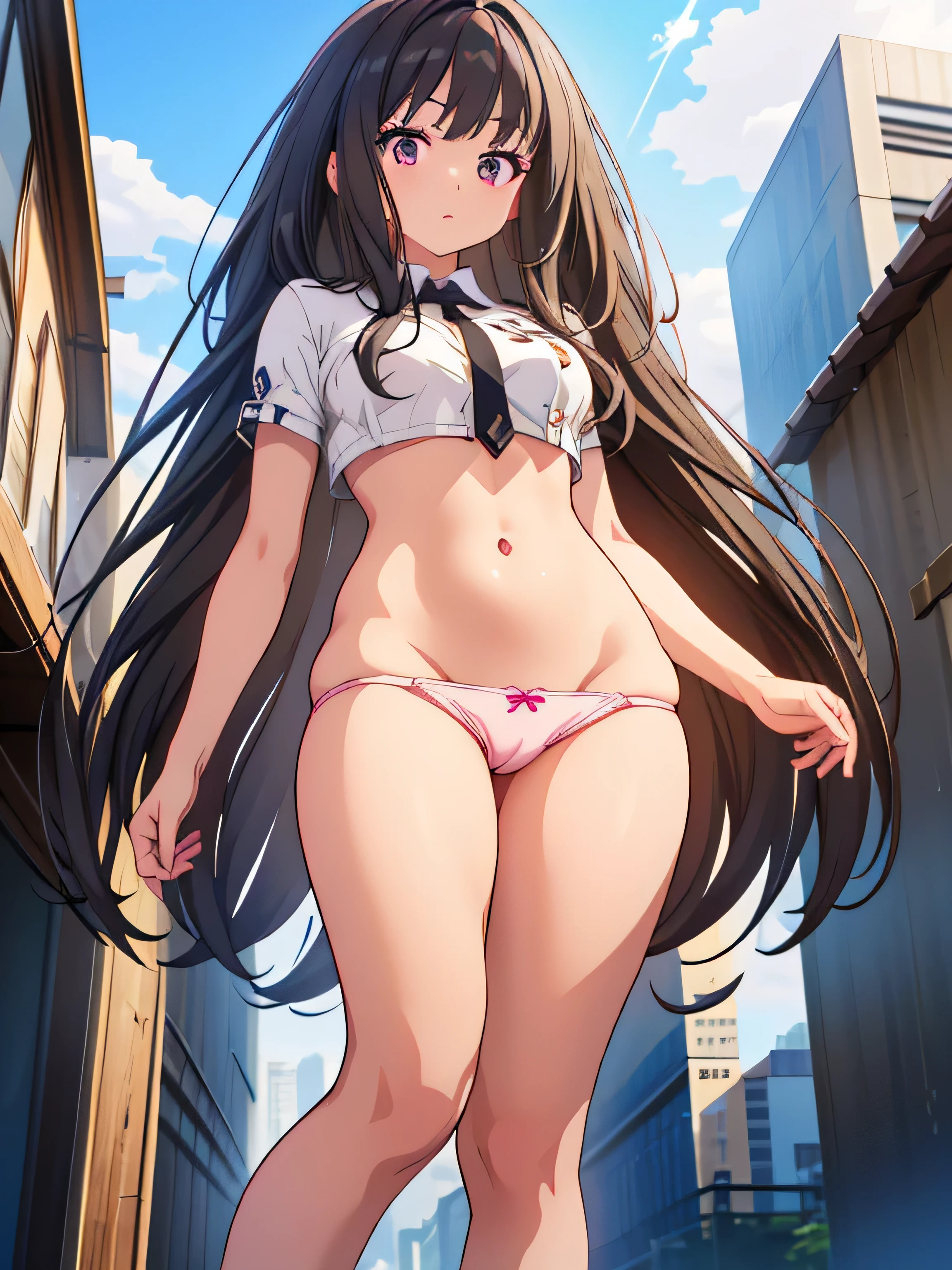 highest quality, 8k, girl, best image quality, anime, comics, alone, black hair, long hair, looking at the viewer, Highly detailed art buds, official artwork, 詳細なanime原画, きれいな詳細なanimeアート, NSFW, young face, cute face, big breasts, slender body shape, Highly detailed face and skin texture, double eyelid, Whitening skin, Body Gloss, sexy, pink cheeks, (from below:2, full body shot, Hold the pistol, panty shot, cute underwear, outdoor lined with buildings, stern face
