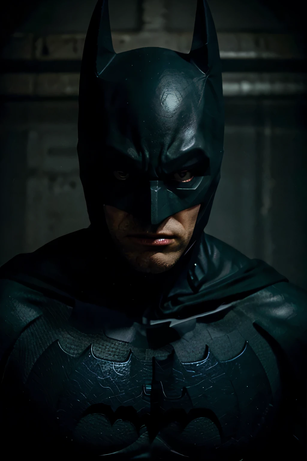 batman dressed as batman the dark knight, in the dark of Gotham City, strong, high detailed face,