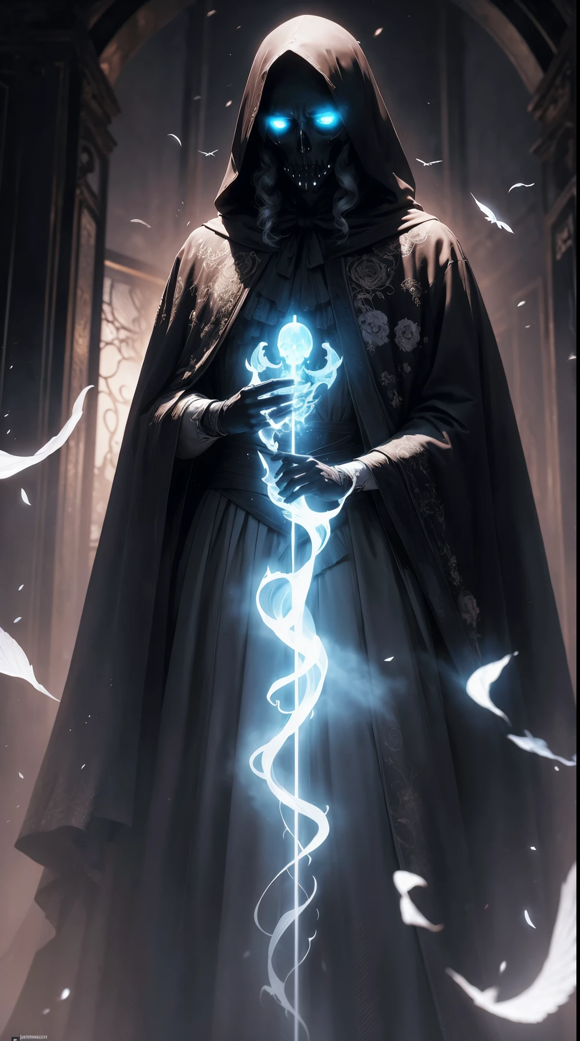 Striking illustration of the Angel of Death., A mysterious and ethereal figure who guards the threshold between life and death.. His presence is enigmatic and powerful...., con alas inmensas que se extienden hacia el horizonte y una mirada penetrante que transmite serenidad y temor. He uses cool tones and deep shadows to emphasize his ethereal nature and his connection to the realm of death......(dark lighting), ( ethereal lighting),(Spectral illumination)