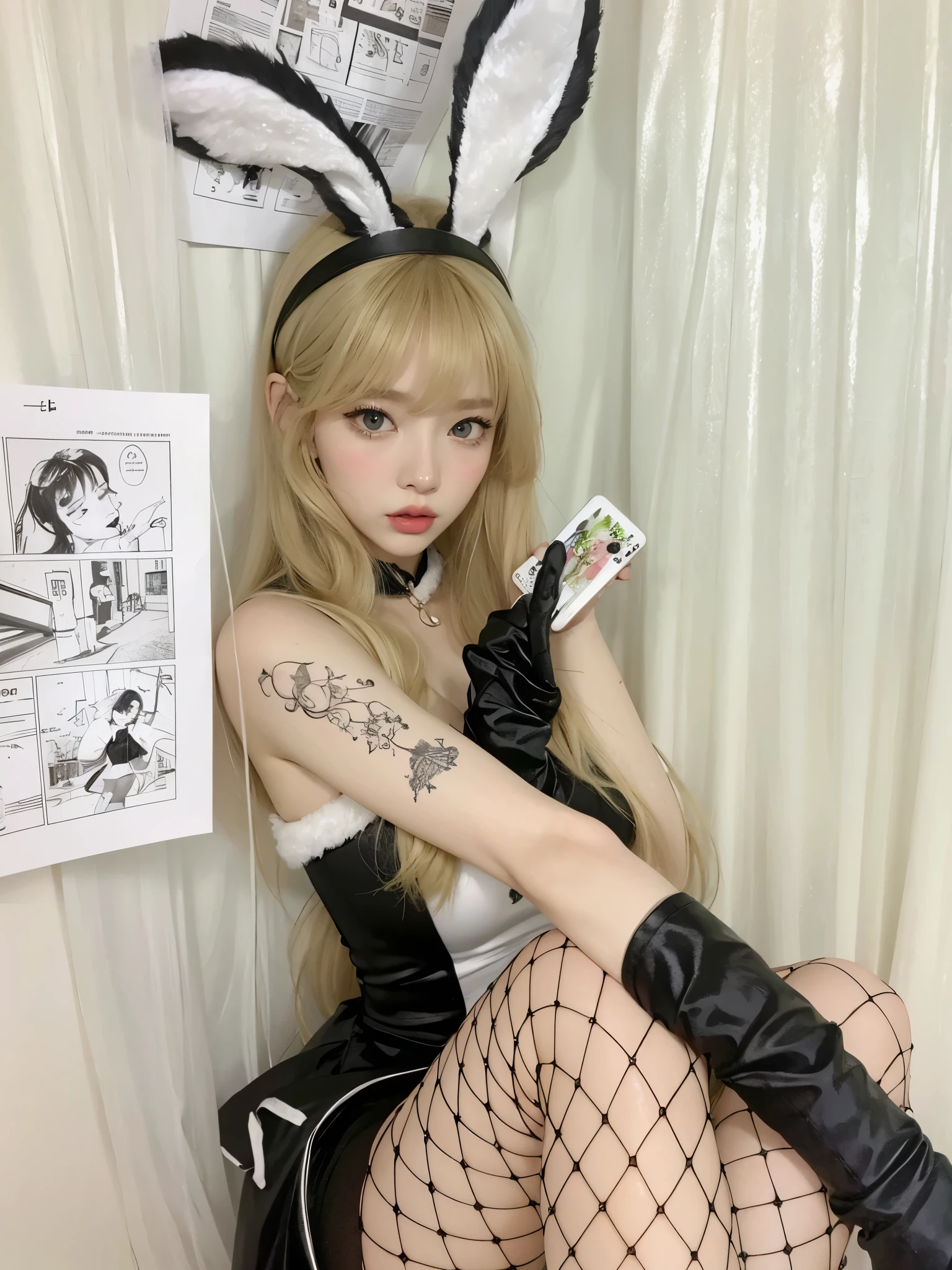 Blonde woman with long hair holding a white cell phone., retrato de kim petras, maquillaje popular de corea del sur, Retrato de Jossi de Blackpink, Parque Roseanne de Blackpink, ulzzang, maquillaje coreano popular, cruel korean gothic girl, ava max, con el pelo largo y blanco, inspirado en Yanjun Cheng, bella delfina, kim taejin