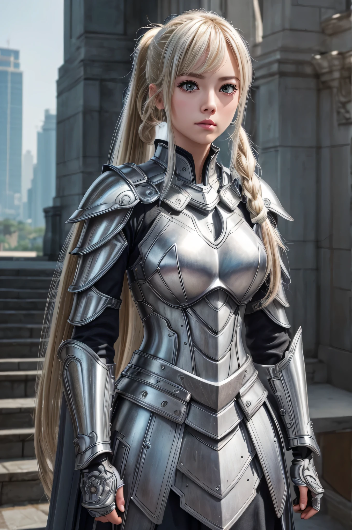 (8K、highest quality:1.2)、(master piece:1.37)、(photograph、photorealistic:1.37)、(ultra high resolution)、Half body、walking pose、Photographed from the front、Slow motion、Full body female paladin、(light silver armor:1.2)、(Decorated armor)、(very detailed、bloom:1.5)、(highest quality、Alessandro Casagrande、Greg Rutkowski、Sally Mann、concept art、4k)、(analog:1.2)、(high clarity) )、(detailed pupil:1.1)、detailed face and eyeasterpiece、highest quality、(very detailedphotograph:1.1)、(long blonde hair、ponytail、Trance:1.1)、(young woman:1.1)、sharp、(perfect body:1.1)、real、real shadow、3D、shrine、arms crossed over chest、Photographed with Canan EOS R6、135mm、1/1250s、f/2.8、ISO 400