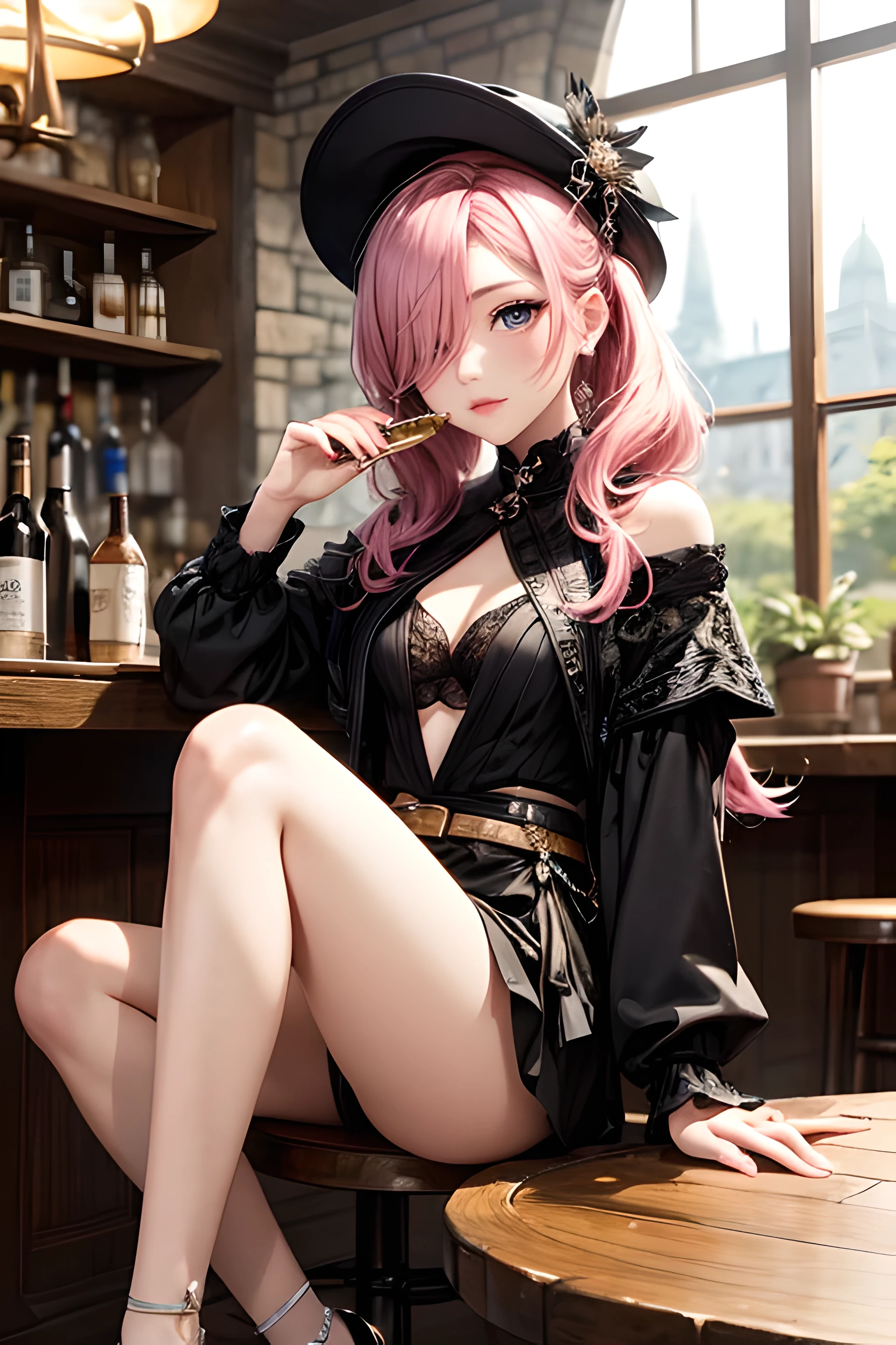 ((tmasterpiece))，(Best quality at best)，(A half body)， (long_ponytail wavy tip pink color hair), (hair over one eye:1.3), facing at camera，(ultra intricately detailed)，(Highest definition)，(8K)，(Clean lines)，(Perfect facial features，Perfect flesh)，barded，adventurer，1 Peerless beauty，Travel attire，feathered hat，Brown curly hair，Sing，play，drinking alcohol，In the tavern，Sit on a wooden round table，your legs，Gorgeous accessories，disarray，(ellegance)