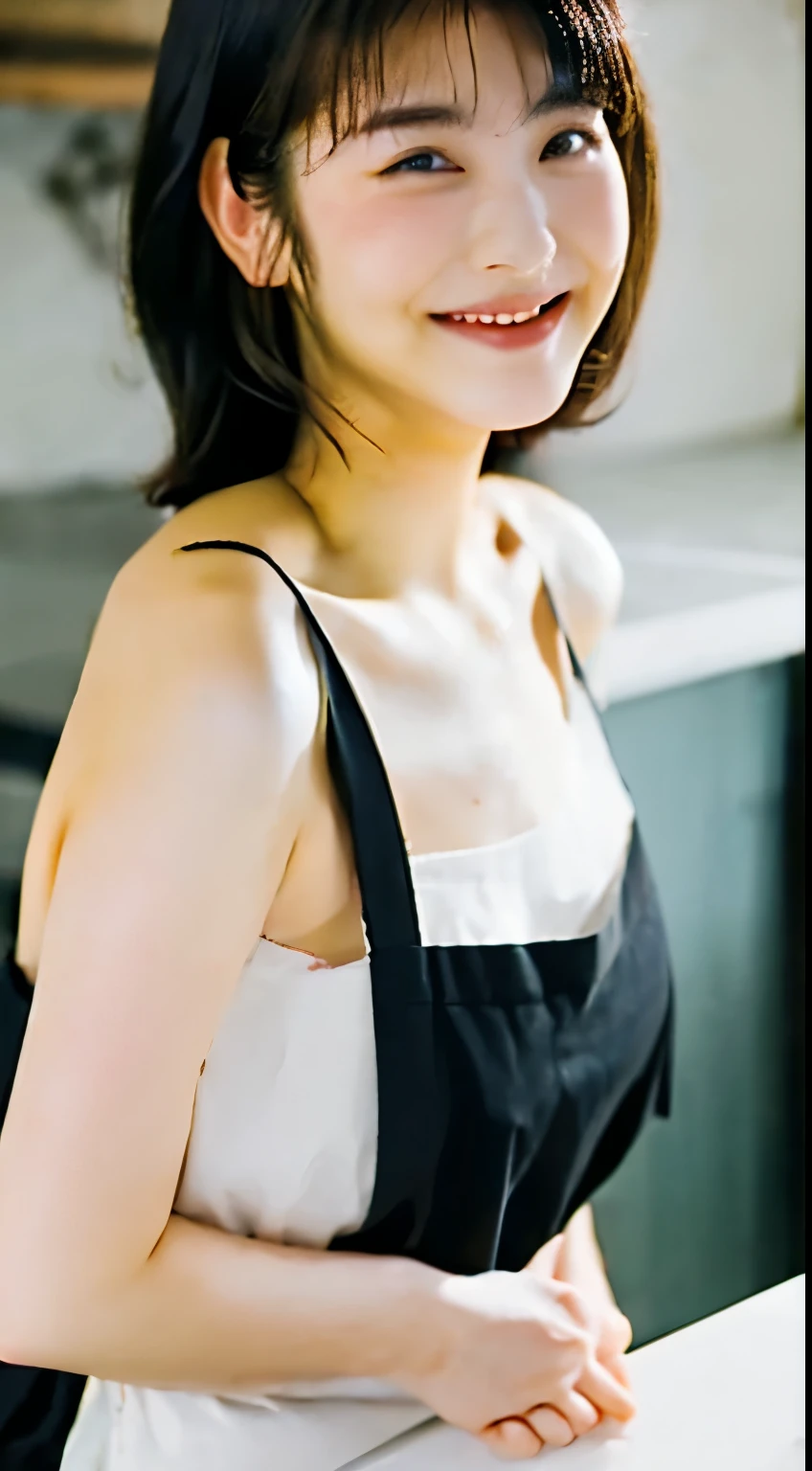 From the side、Sit at the kitchen table、naked apron、shortcut、laughter、(big breasts:1.2)、(masterpiece、highest quality)、((20 year old woman:1.ung adorable Japan face, wet skin, soft portrait shot,8k, short hair、very very beautiful