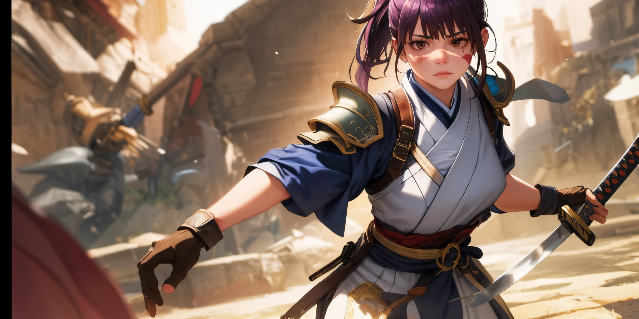 Iori, scar on face, long hair, brown eyes, hair bow, blurry, bangs, scar on cheek, dark-purple hair, ponytail, breasts, katana, holding katana, gloves, 1girl, solo, armor, holding_katana, looking_at_viewer, breastplate, holding_katana, outstretched_arm, blurry, letterboxed, glow effects, godrays, Hand drawn, render, 8k, octane render, cinema 4d, blender, dark, atmospheric 4k ultra detailed, cinematic, Sharp focus, big depth of field, Masterpiece, colors, 3d octane render, 4k, concept art, trending on artstation, hyperrealistic, Vivid colors, extremely detailed CG unity 8k wallpaper, trending on CGSociety, Intricate, High Detail, dramatic"", scar on face, brown eyes, scar on cheek, hollow eyes, lips, sad expression, gloomy expression,