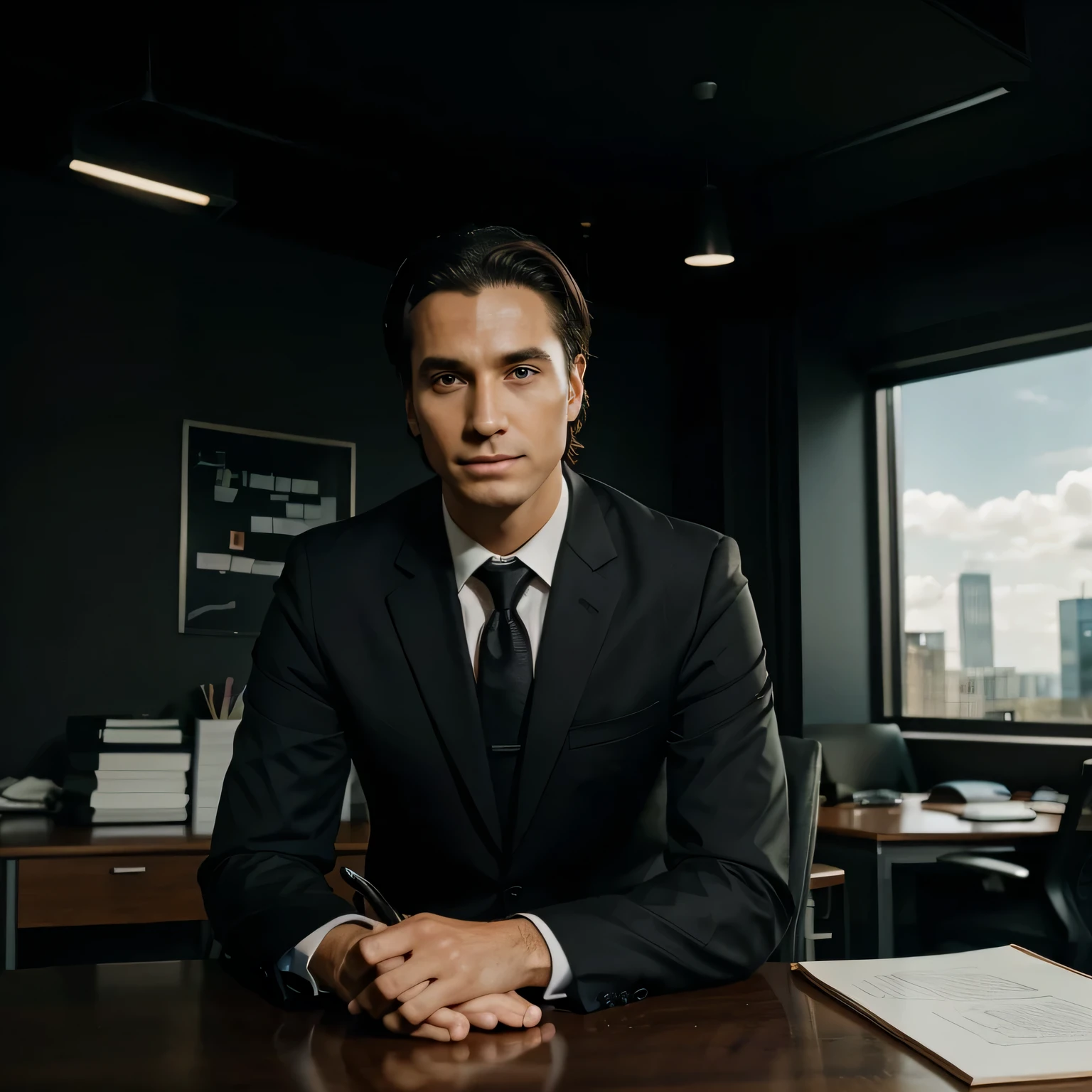 Lawyer in a black suit at a table offering document drafting services, in a bright office, kind face