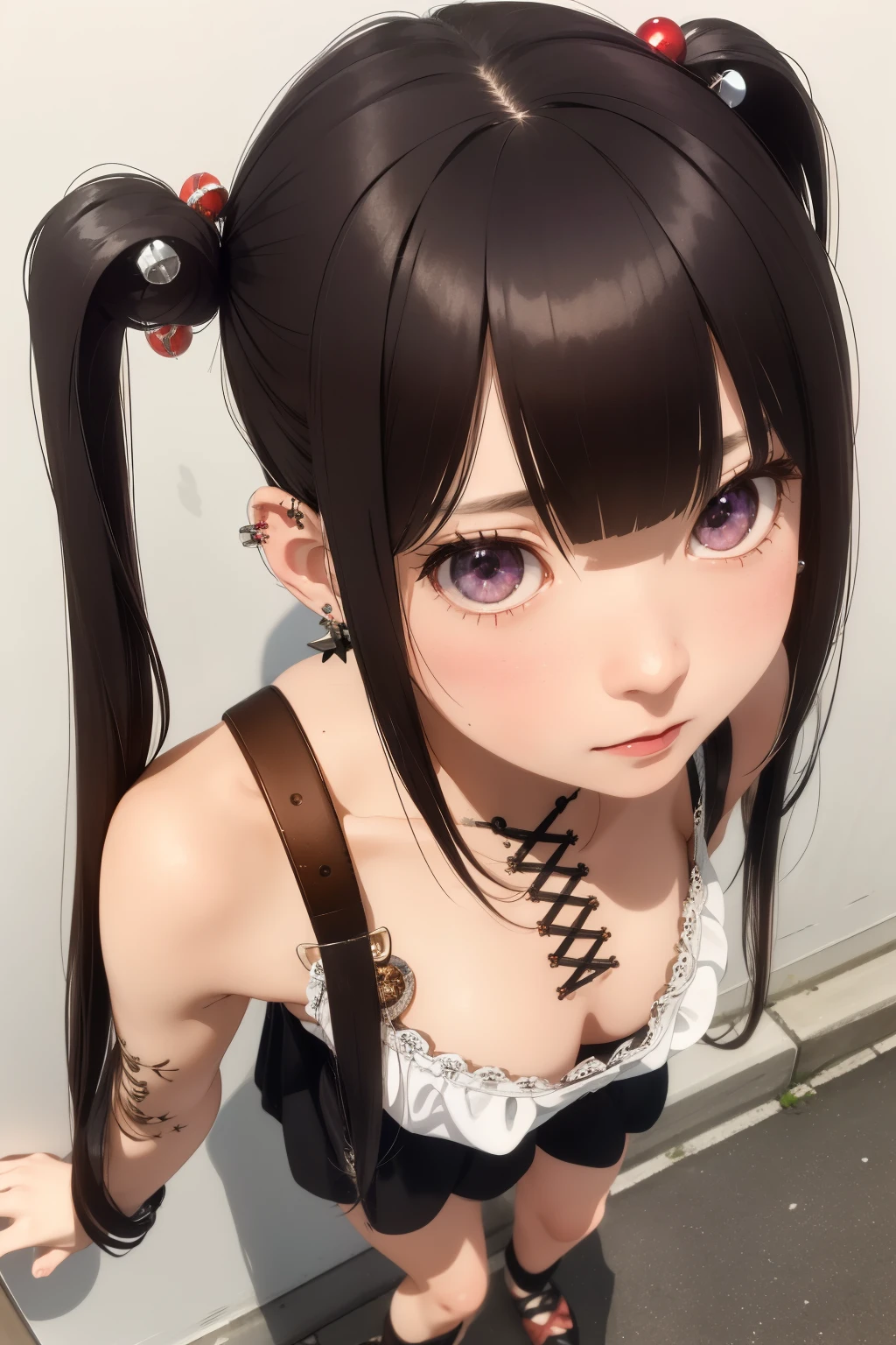 ***, solo, (upward glance, from above), long haired, twintail haired, black hair, bangs bangs, brown pupil, long eyelashes, beautiful eyes, corset piercing, cleavage, meny pierced earrings, thin legs, standing, street of akihabara, detailed description, best quality, masterpiece, 16k, photo realistic,