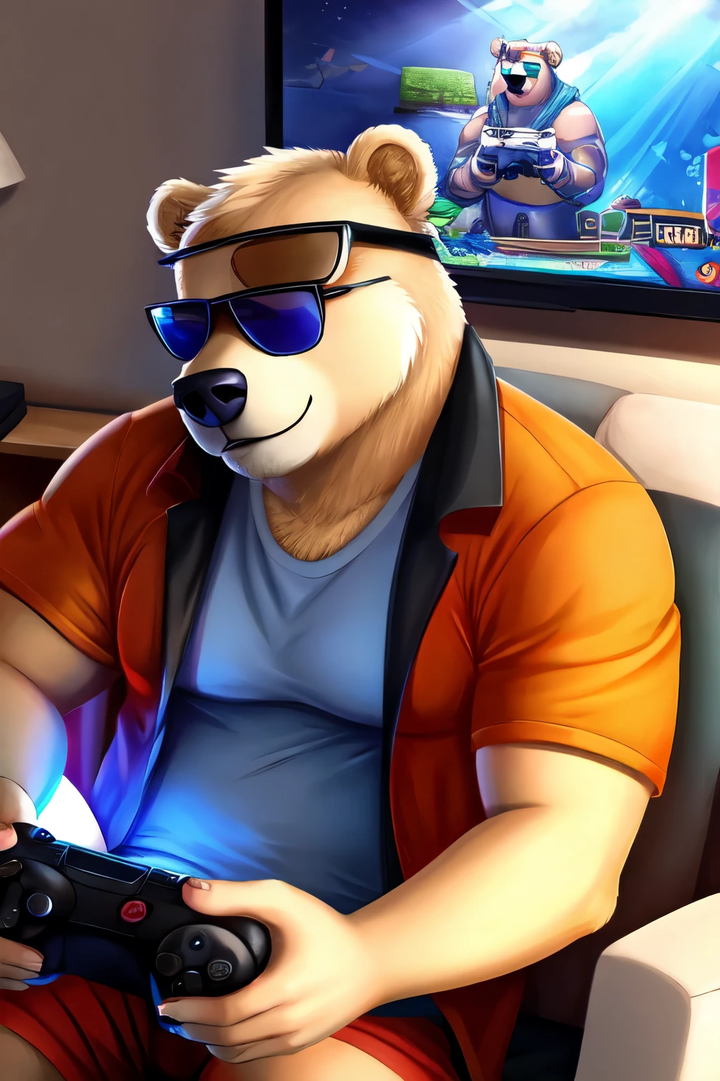 Platinum Bear wearing sunglasses playing video games