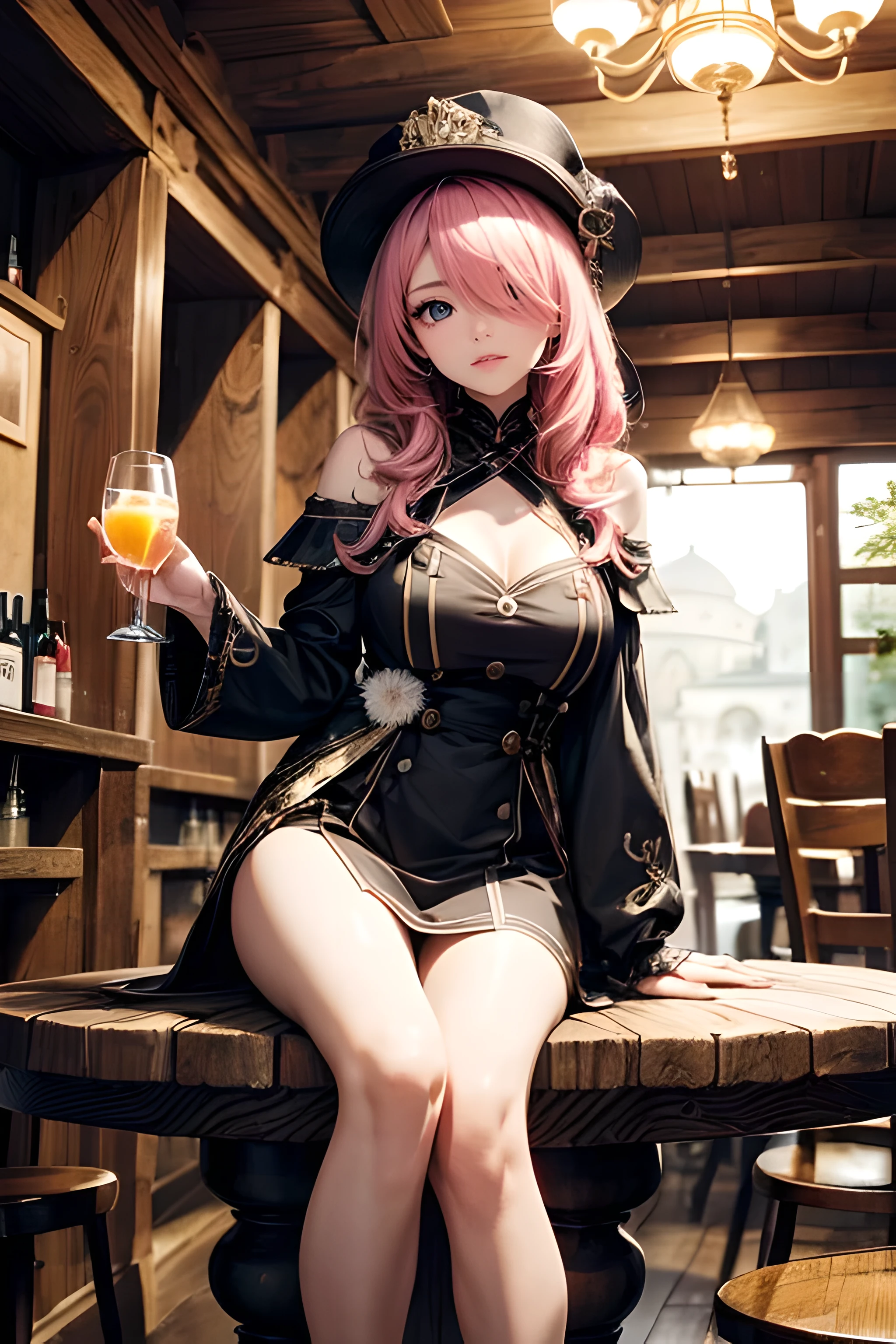 ((tmasterpiece)),(Best quality at best),(A half body), (long_ponytail wavy tip pink color hair), (hair over one eye:1.3), facing at camera,(ultra intricately detailed),(Highest definition),(8K),(Clean lines),(Perfect facial features,Perfect flesh),barded,adventurer,1 Peerless beauty,Travel attire,feathered hat,Brown curly hair,Sing,play,drinking alcohol,In the tavern,Sit on a wooden round table,your legs,Gorgeous accessories,disarray,(ellegance)