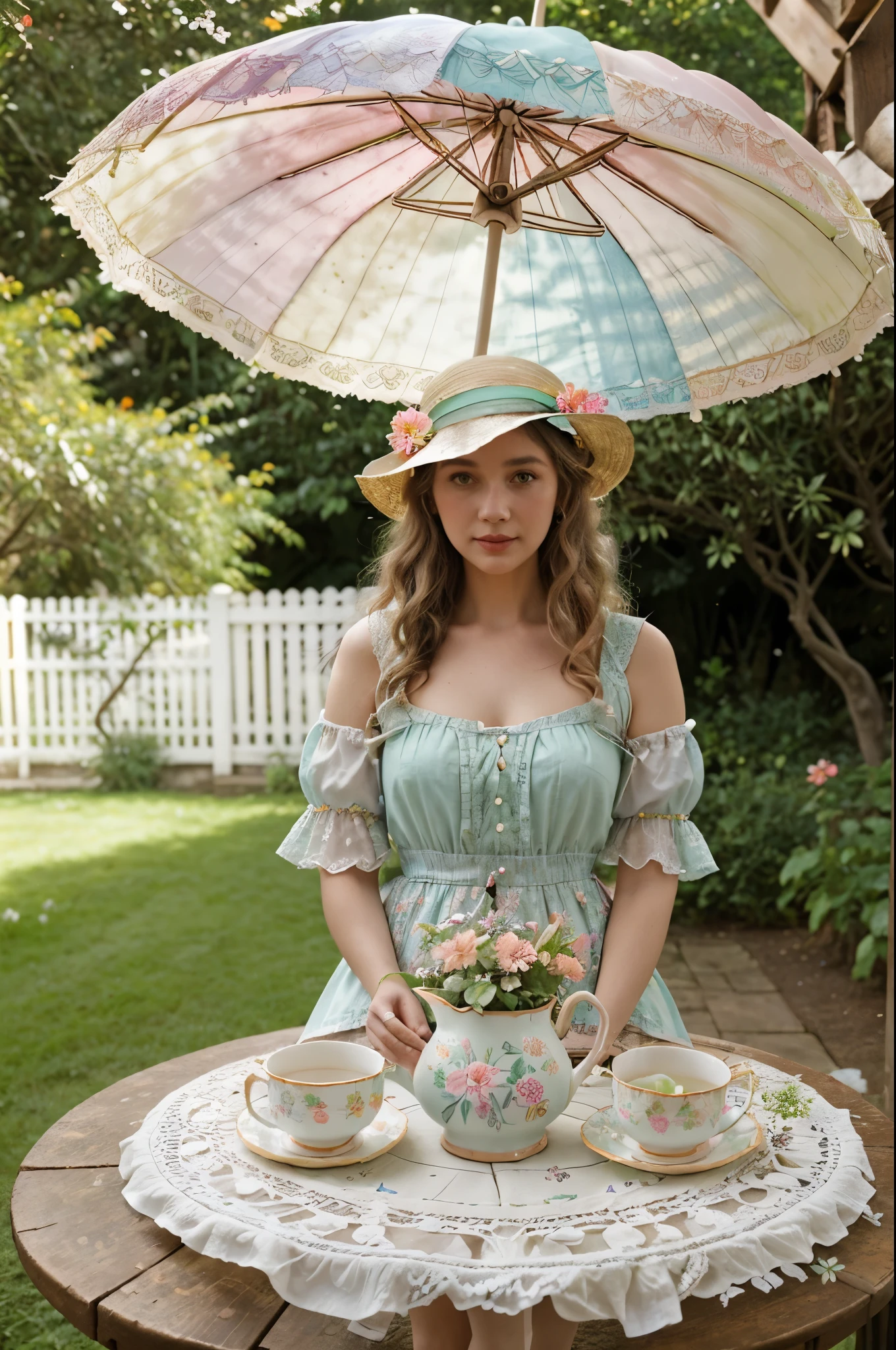 A charming garden blooming with colorful flowers, vintage tea sets arranged on a rustic table
Style: Flowing pastel-colored dress with lace details, accessorized with a wide-brimmed hat adorned with flowers, carrying a dainty parasol, hair styled in soft curls with floral accents