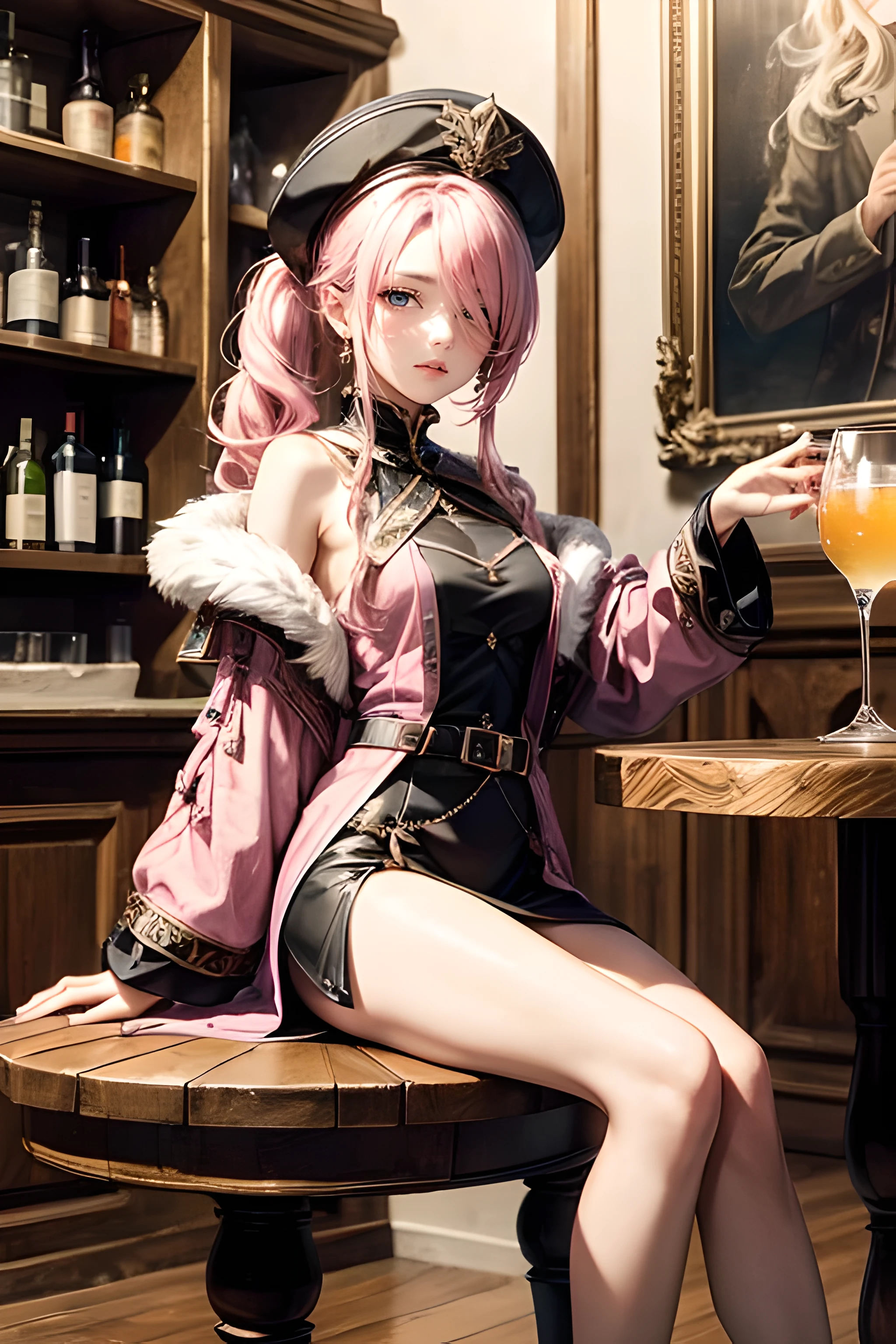 ((tmasterpiece))，(Best quality at best)，(A half body)， (long_ponytail wavy tip pink color hair), (hair over one eye:1.3), facing at camera，(ultra intricately detailed)，(Highest definition)，(8K)，(Clean lines)，(Perfect facial features，Perfect flesh)，barded，adventurer，1 Peerless beauty，Travel attire，feathered hat，Brown curly hair，Sing，play，drinking alcohol，In the tavern，Sit on a wooden round table，your legs，Gorgeous accessories，disarray，(ellegance)